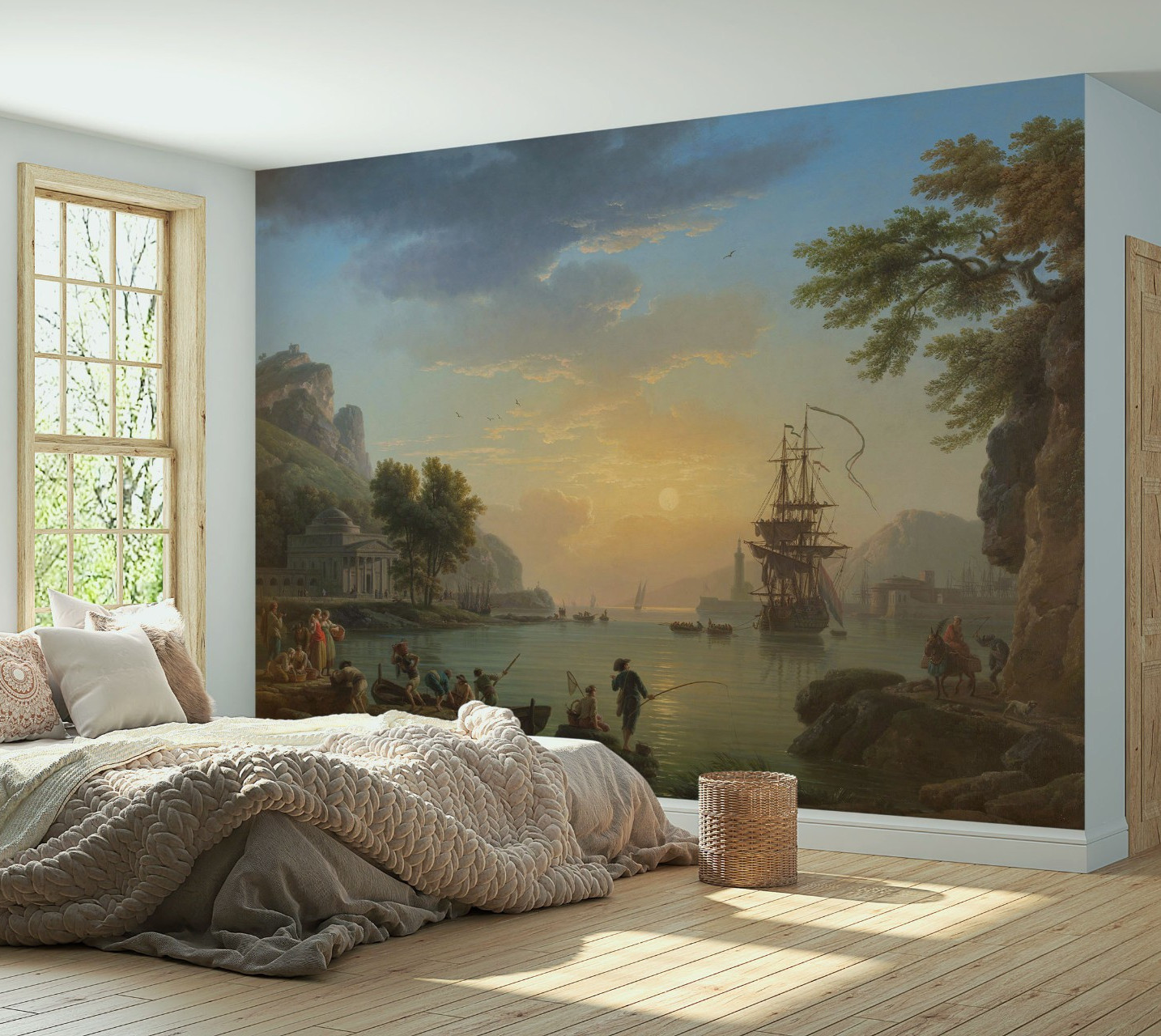 Sunset Coast & Sailboat Wallpaper, Classical Painting. Wall Decal, Tapestry