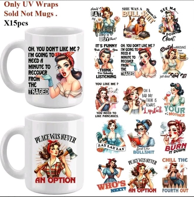 UV DTF decal Set 5 Vintage Sassy Women Self-Adhesive Sheets 15 Stickers 2×2