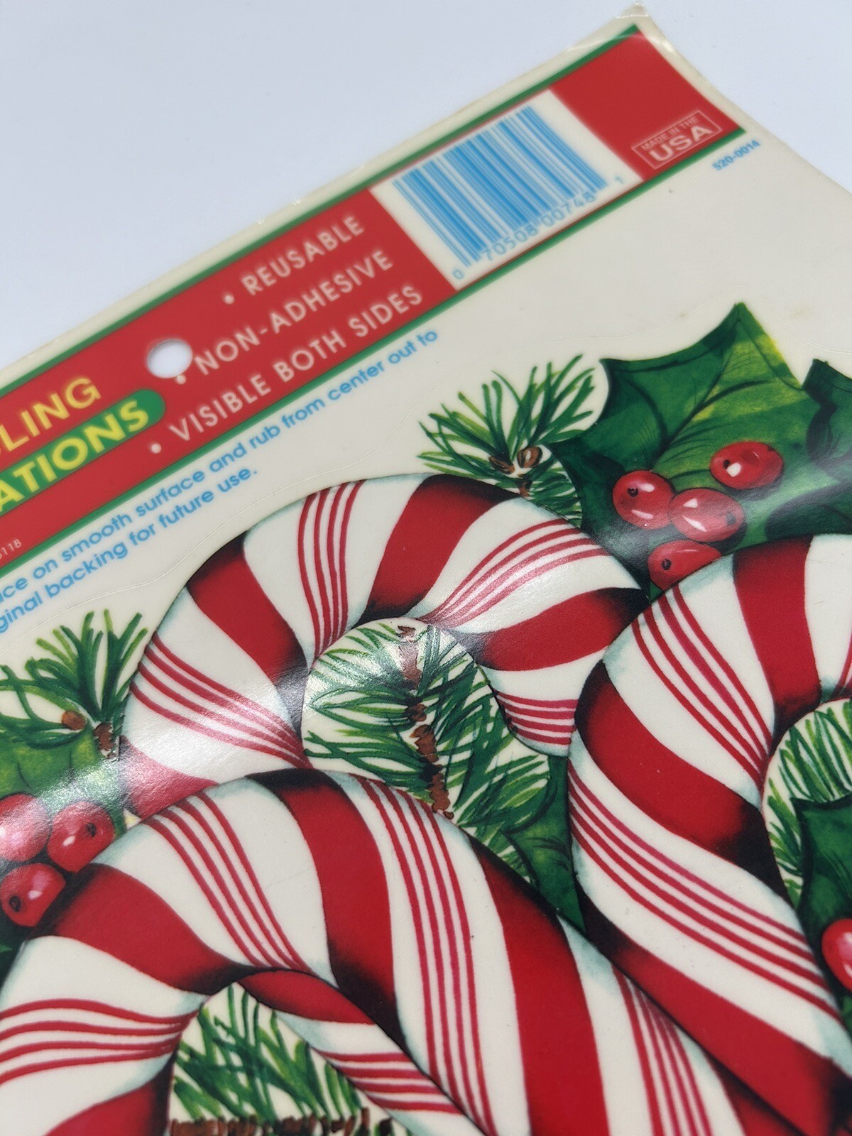 2 Vintage Cleo Christmas Static Window Clings Candy Canes Holly Berries Made USA