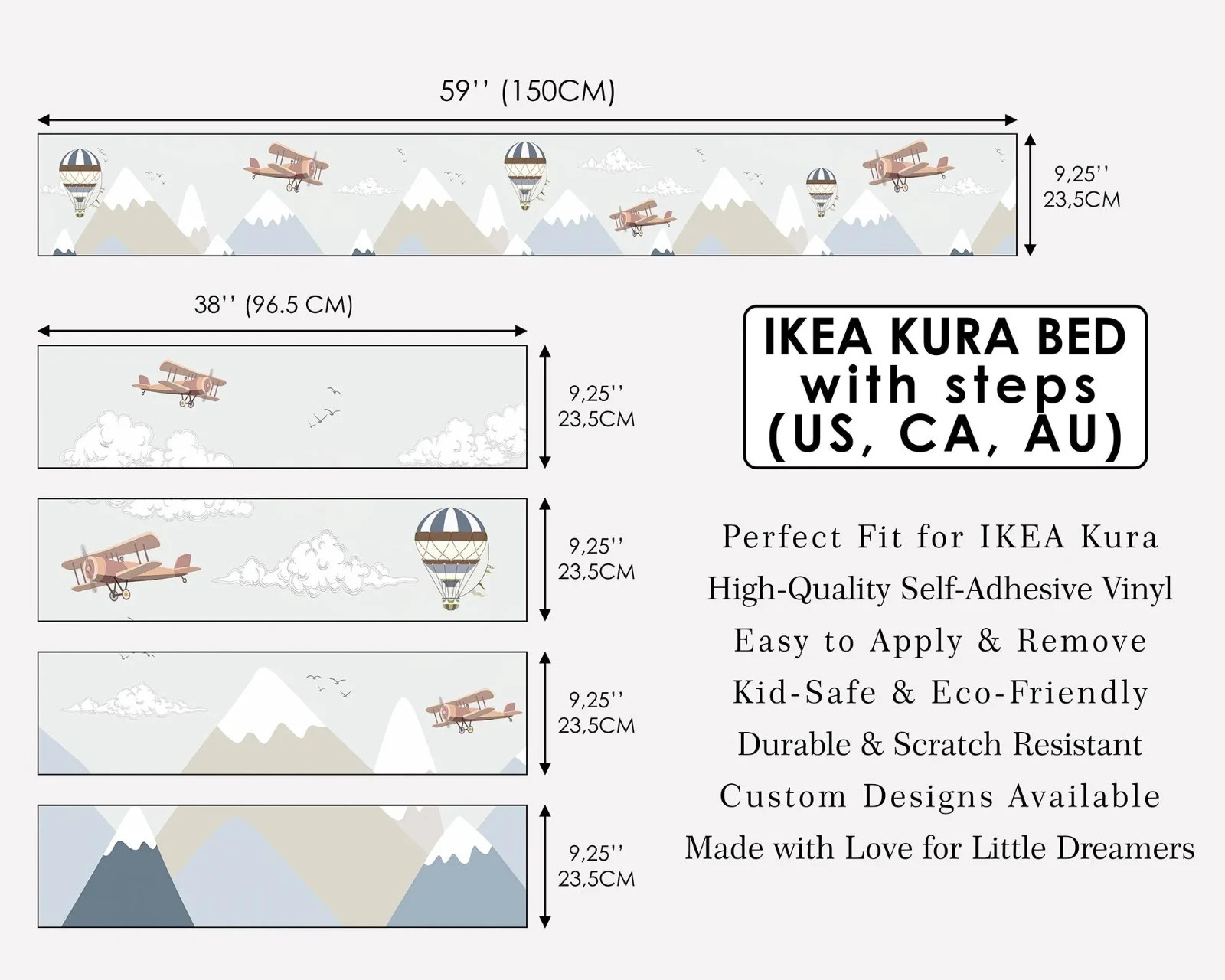 Vintage Aviation Decals for IKEA KURA Bed – Neutral Airplane & Mountain