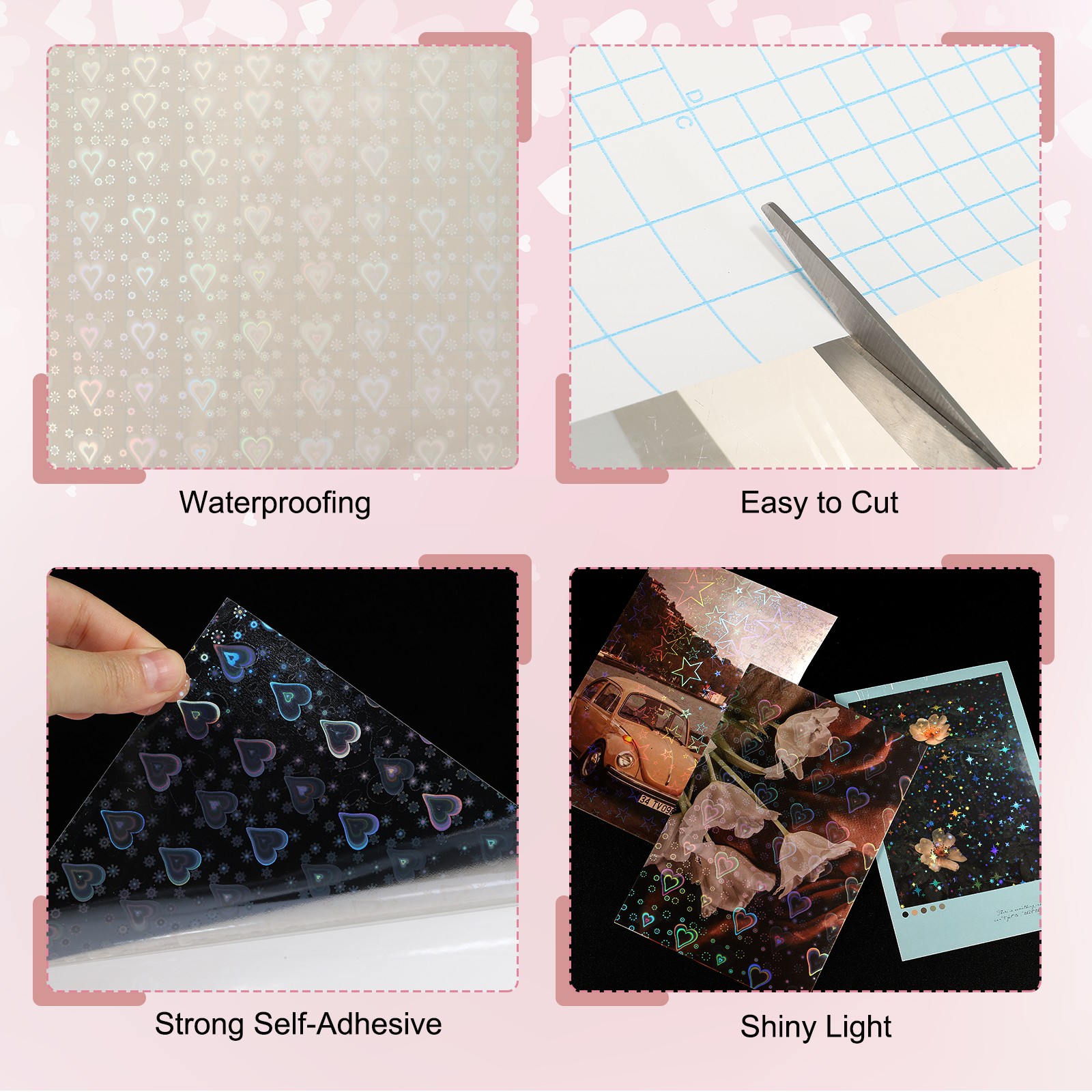 12 Sheets 8.3"x11.7" Holographic Sticker A4 Self-Adhesive Film(Heart)