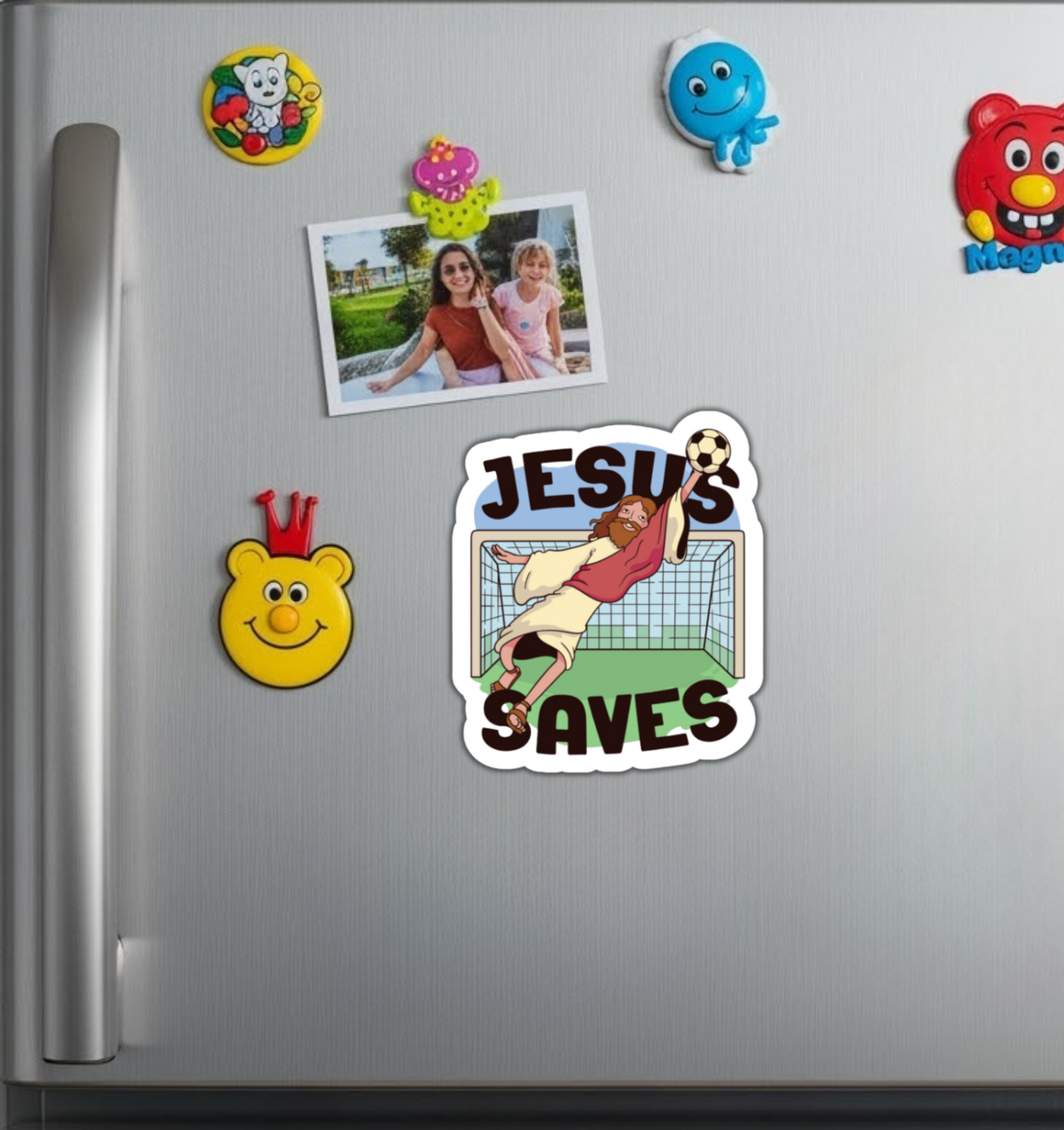 Jesus Saves Soccer Goalie Die Cut Glossy Fridge Magnet