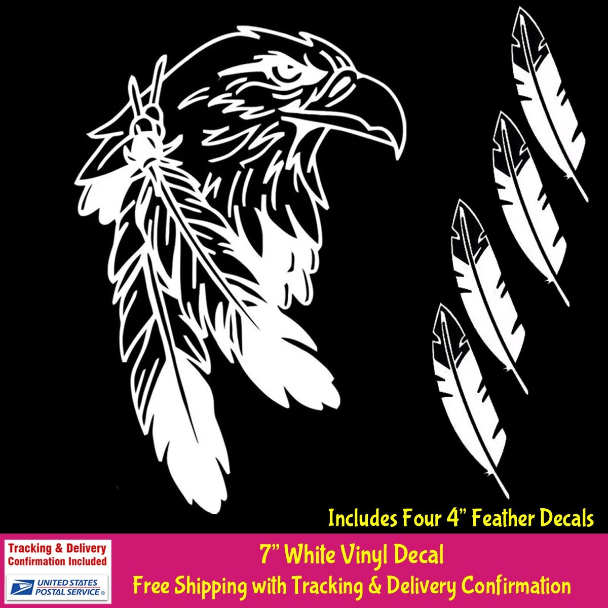 Eagle with Native Feathers White Vinyl Decals Car Window Laptop Tablet Mailbox