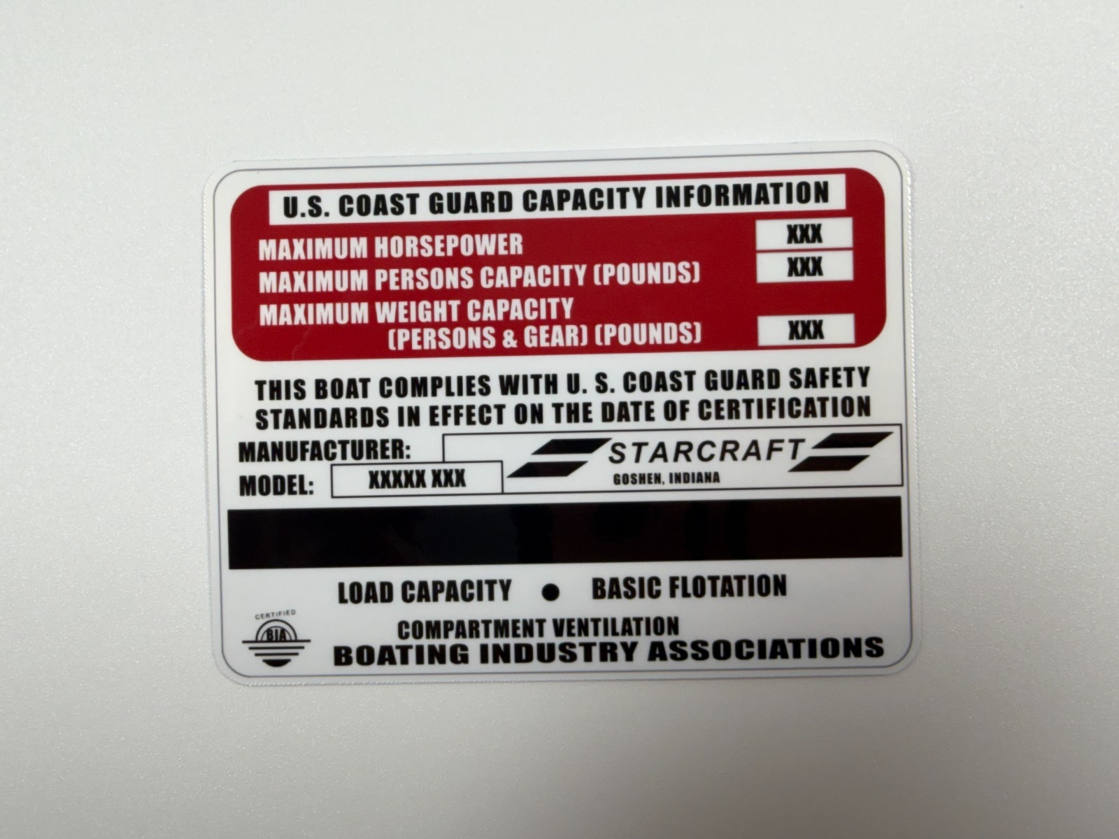 Custom Vintage Starcraft Boat Capacity Plate Sticker Replacement Decal 4×3 White