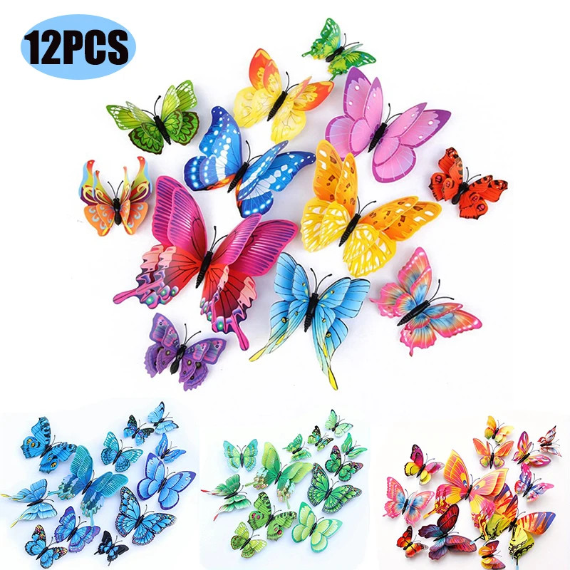 12Pcs 3D Double Layer Butterflies Wall Stickers Living Room Decor Wedding Kids R