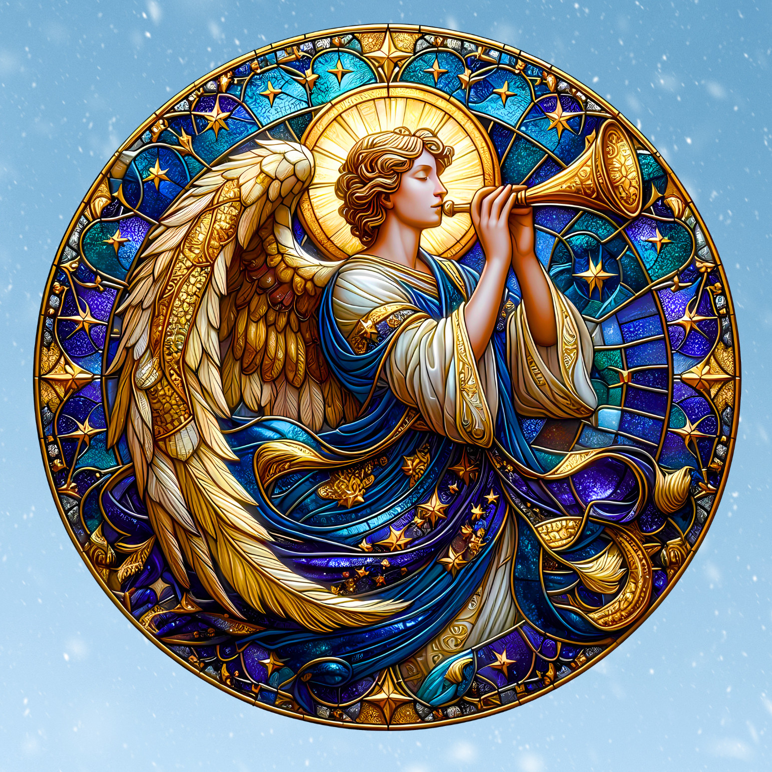 Male Angel Christmas Faux Stained-Glass WINDOW CLING Size 8" Round Vinyl