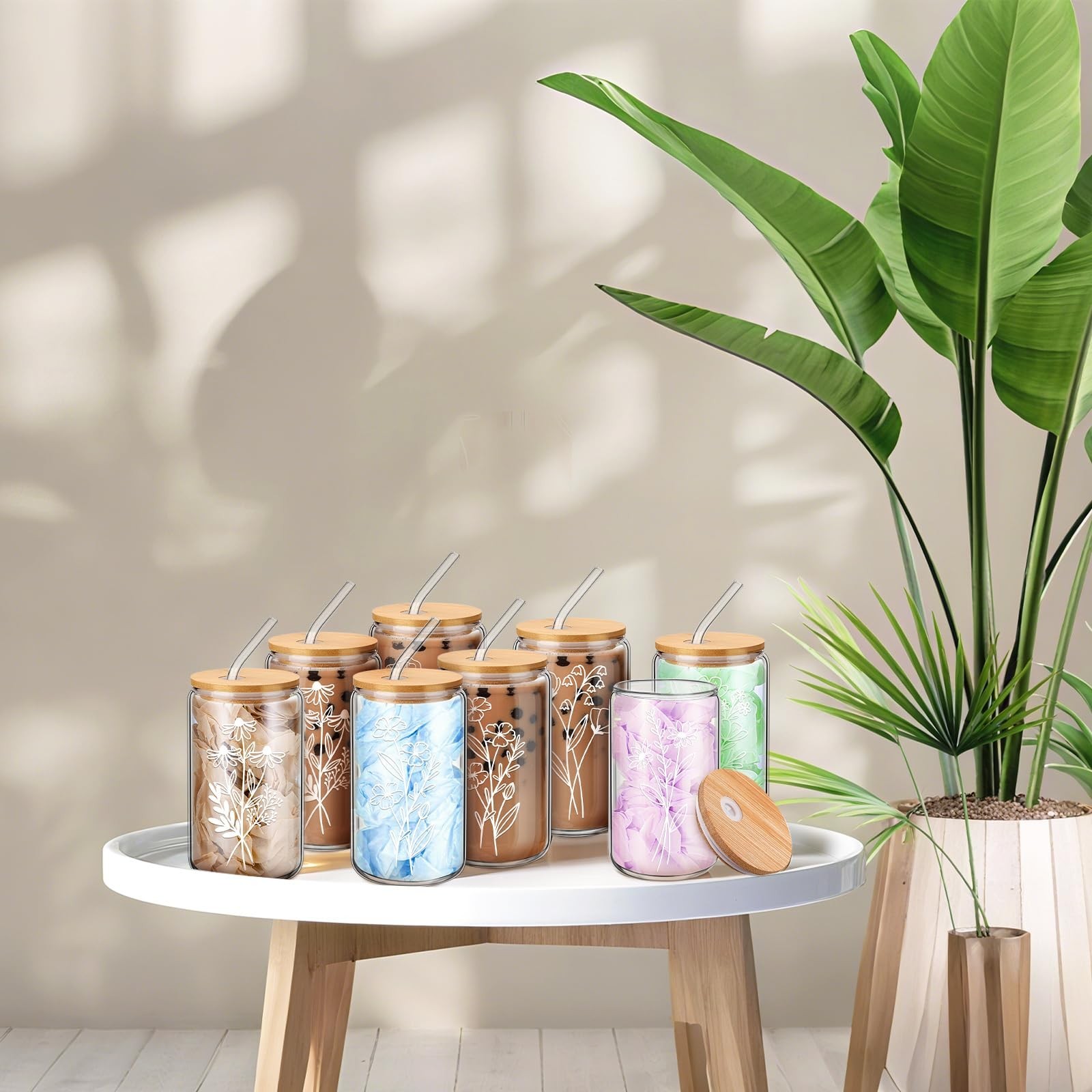 8 Pcs Spring Floral Glass Cups with Lids and Straws 16 oz Cute Flower Iced Co…
