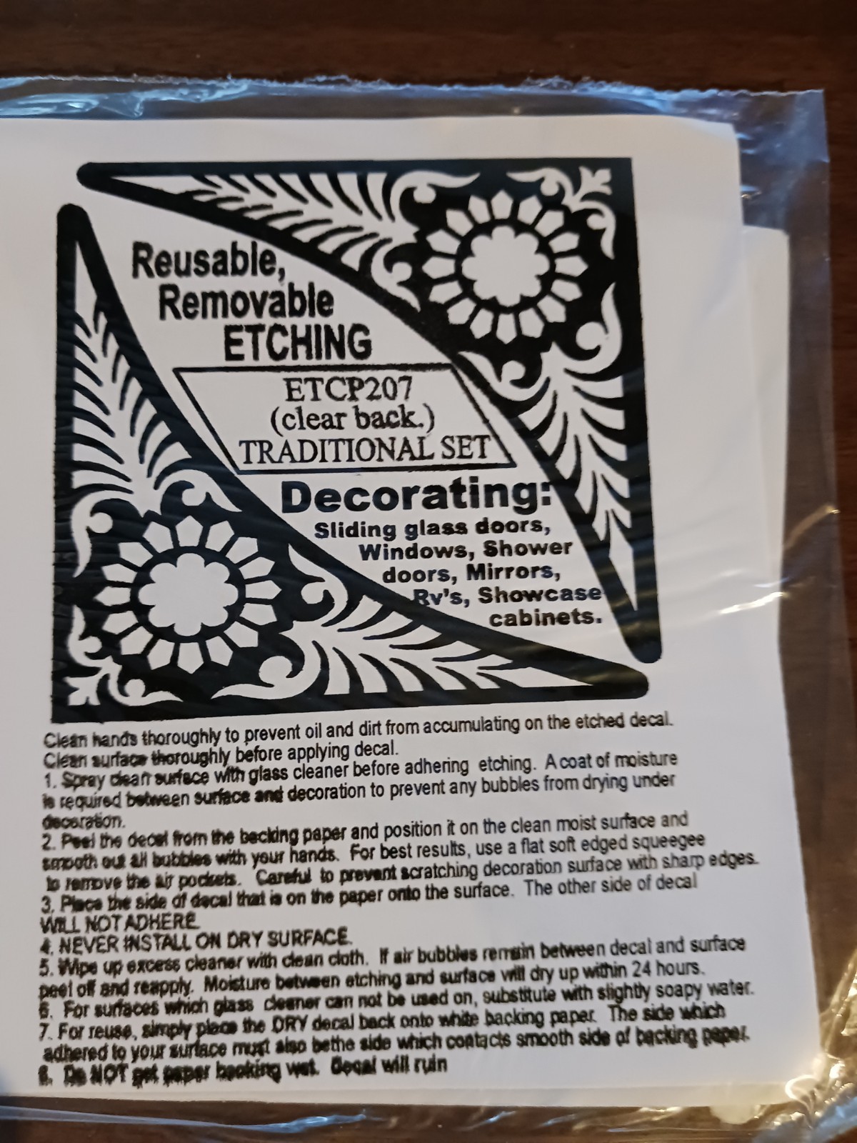 TRADITIONAL Etched (Clear Back) Look Cling 5"X5" Corners Removable& Reusable 207