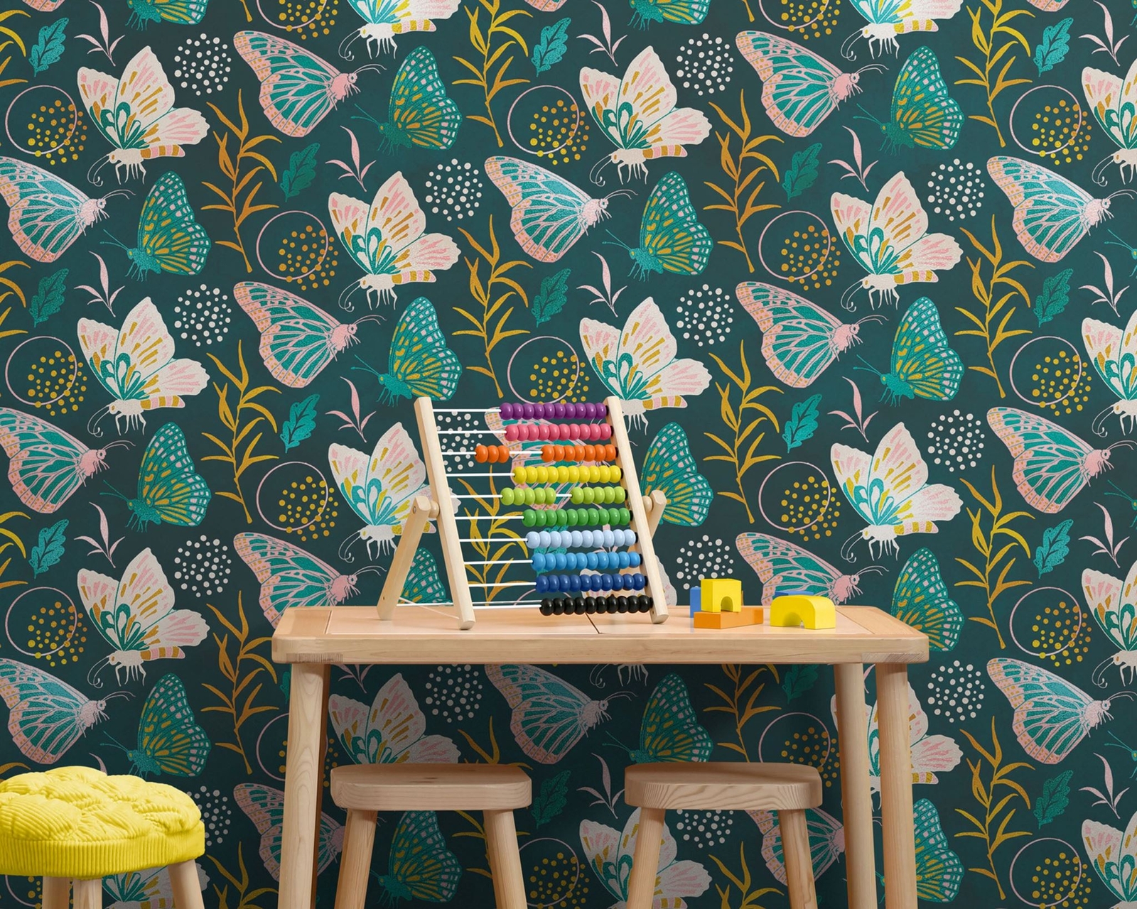 Butterfly Pattern Wall Mural. Retro Green and Gold Color Illustration Design. Be