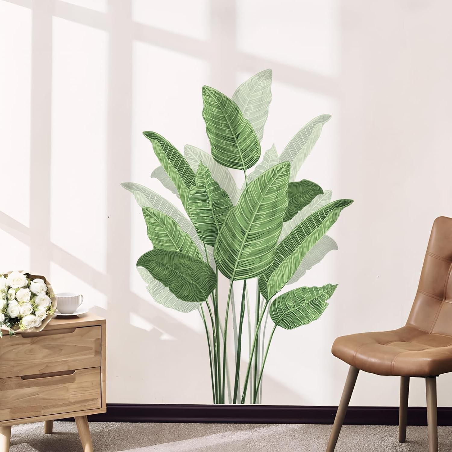 Tropical Plant Leaves Wall Decals, Boho Spring Summer Green Multi-colored
