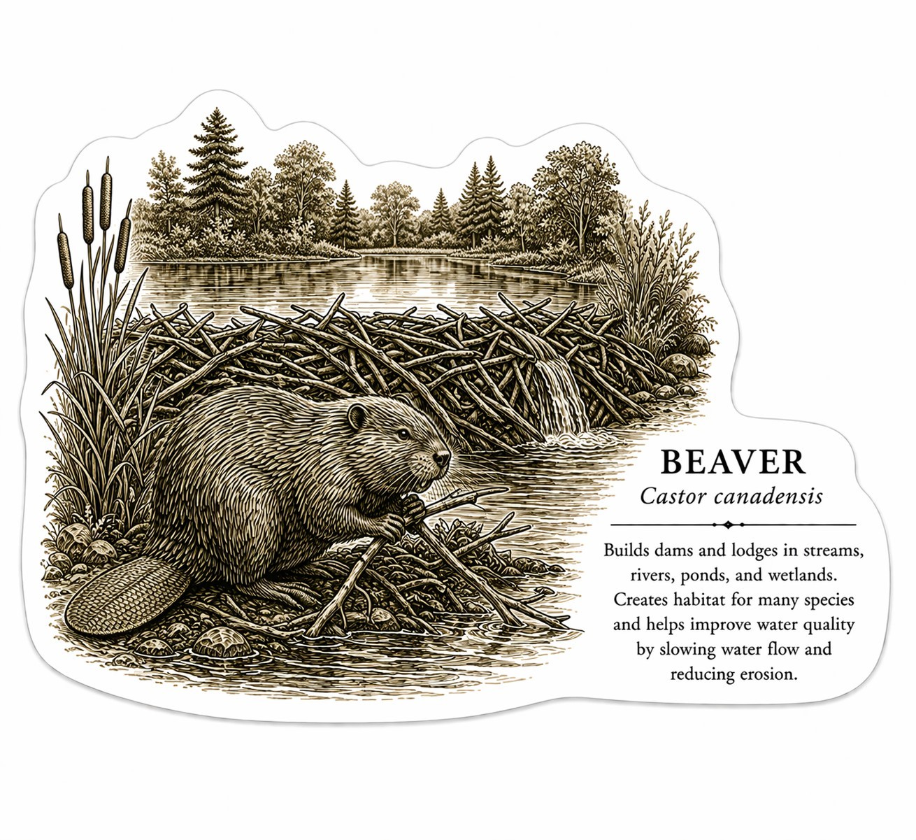 Beaver Wildlife Nature Sticker Decal, Brown Black White, glossy vinyl