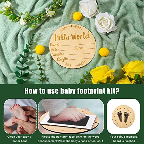 Baby Announcement Sign Wooden Newborn Name Plate with Ink Pad for Hand Footprint