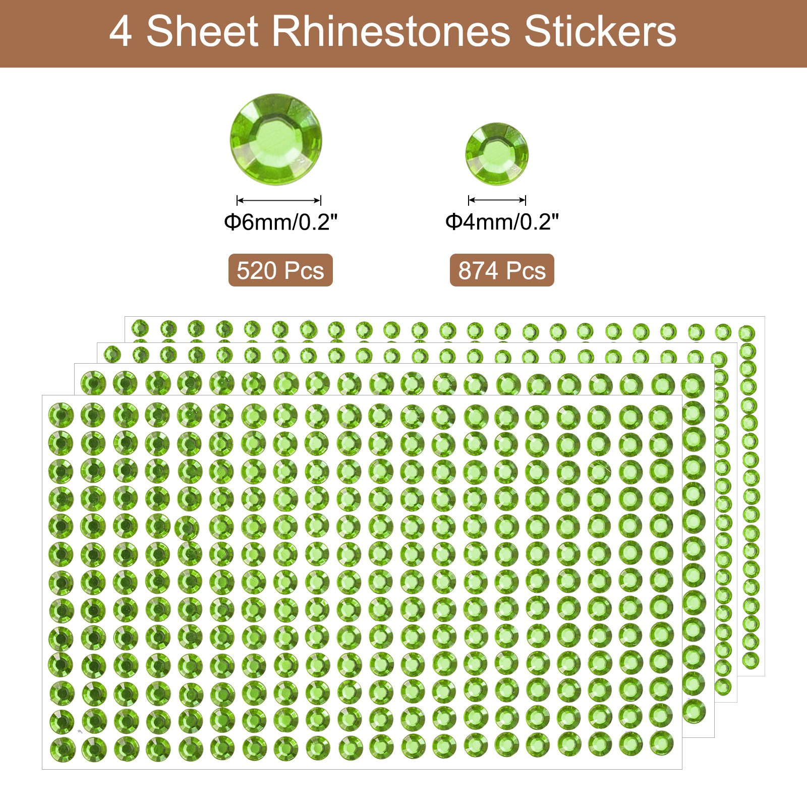 1394Pcs 4mm/6mm Self-Adhesive Rhinestone Stickers for Craft 4 Sheet Green