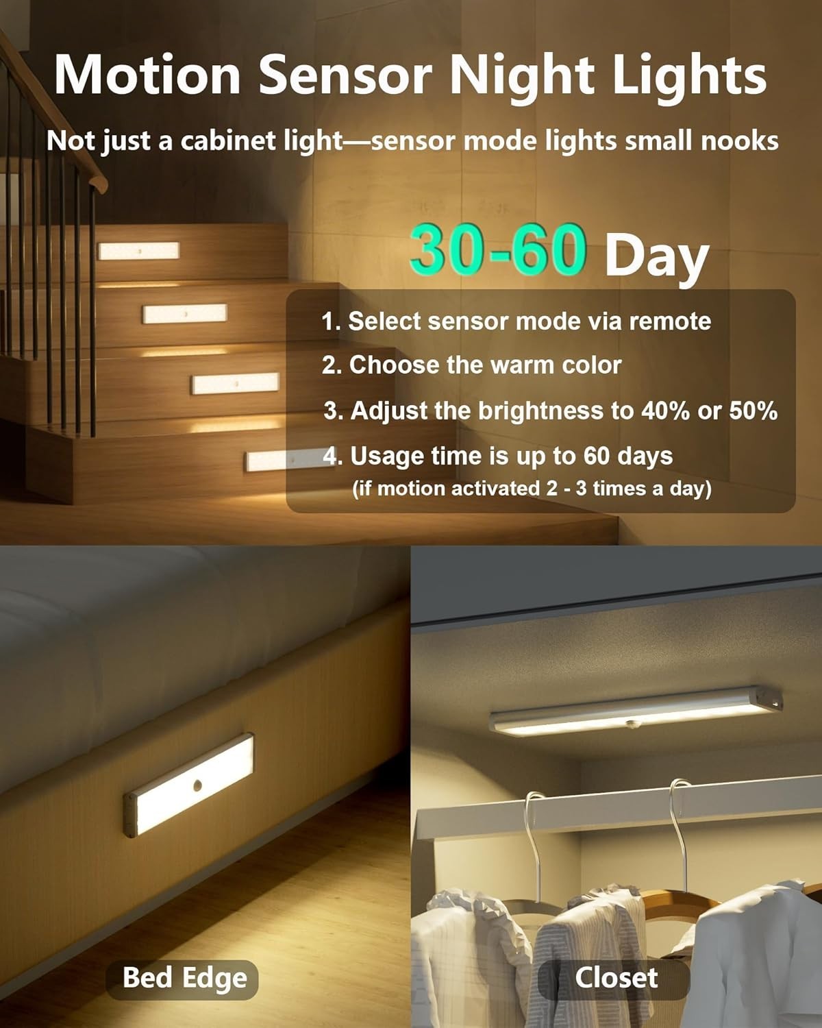 58-LED Motion Sensor Under Cabinet Lights Wireless, RGB Closet Light Night Li…