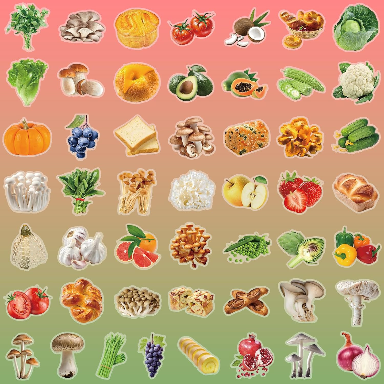 200Pcs Transparent Food Stickers – Fruit, Vegetable, Bread, Mushroom Decals