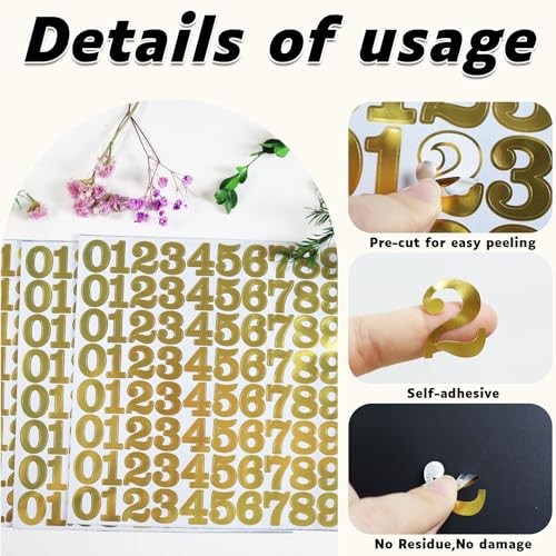 960 Pieces Small Vinyl Number Stickers 0-9, 1" Waterproof Self 1 Inch Gold