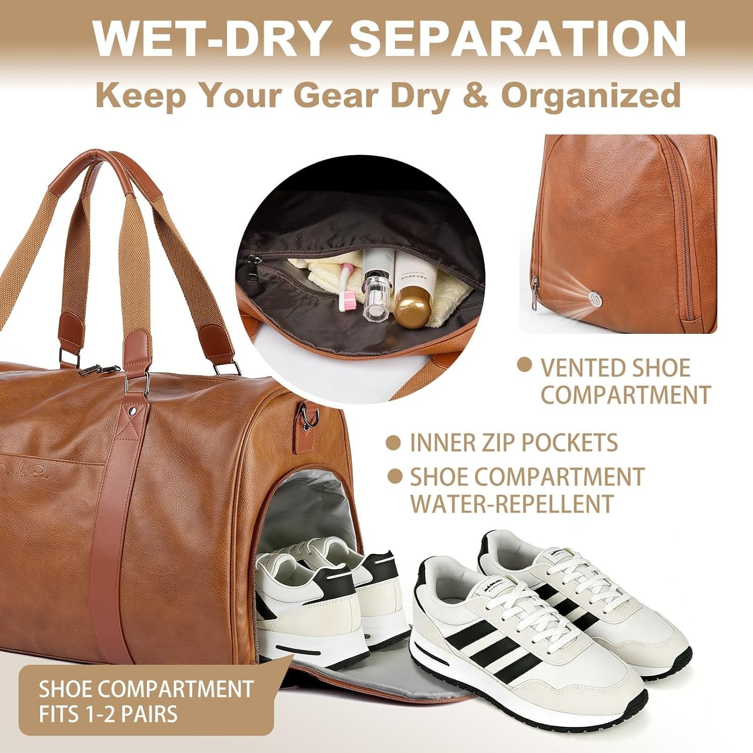 3-in-1 Leather Duffle Bag for Travel with Toiletry Bag and Shoe Compartment, …