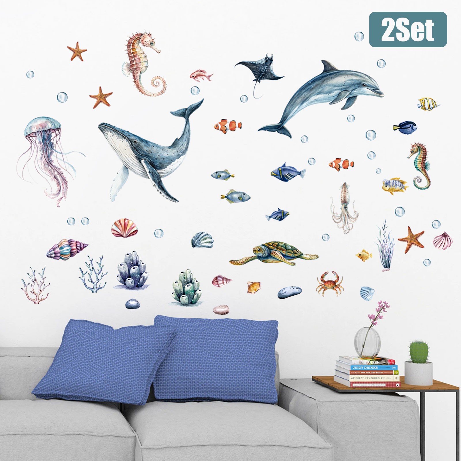 2PCS Marine Life Wall Stickers Removable PVC Ocean Decals Wall Art for Home Deco