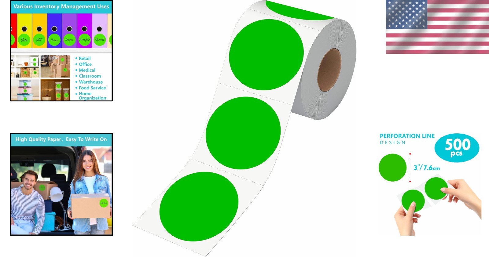 500 PCS Green Color Coding Circle Dots Inventory Stickers Labels in Roll 3"