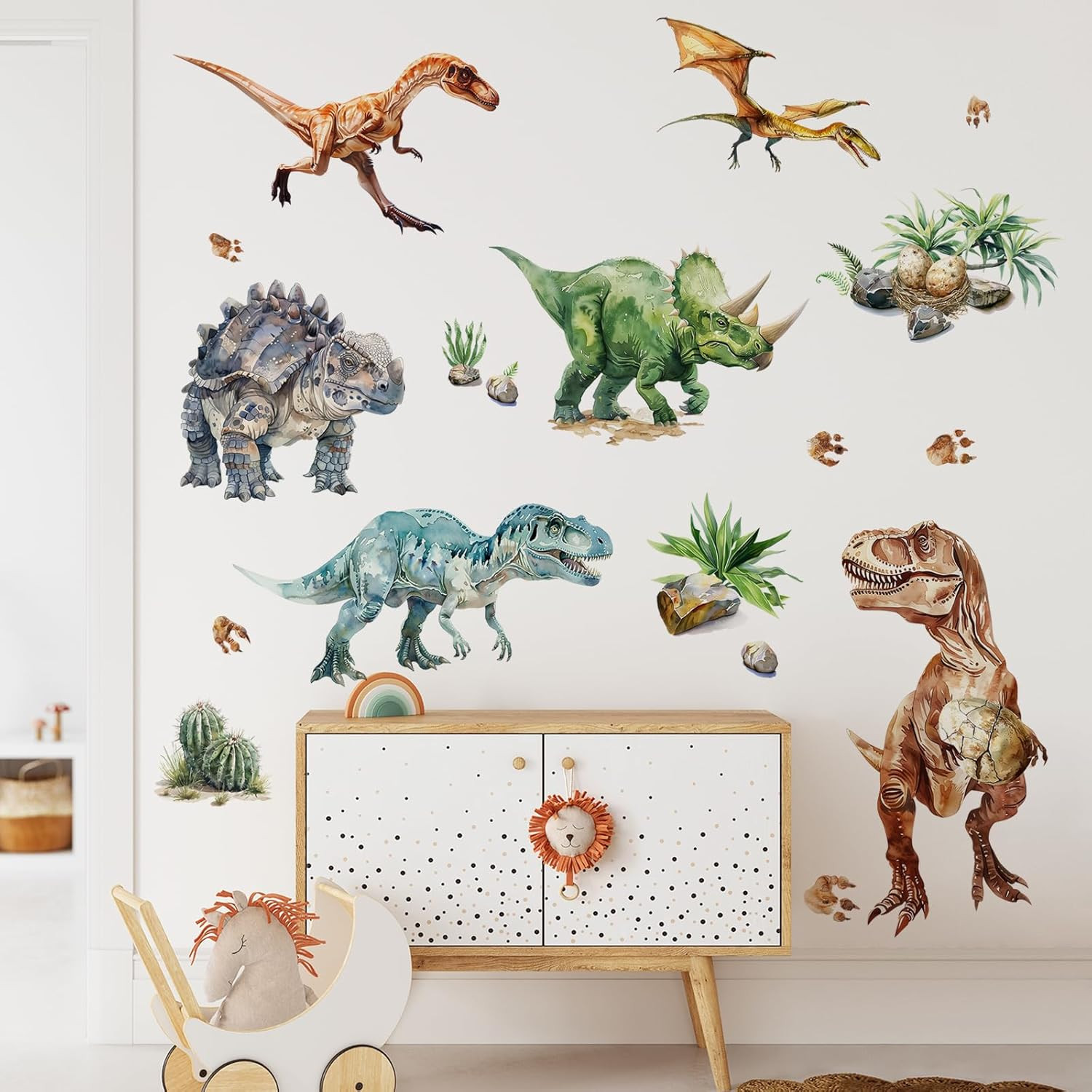 Dinosaur Wall Decals, Large Dino Wall Stickers Volcano Tropical Plants Cactus Pe