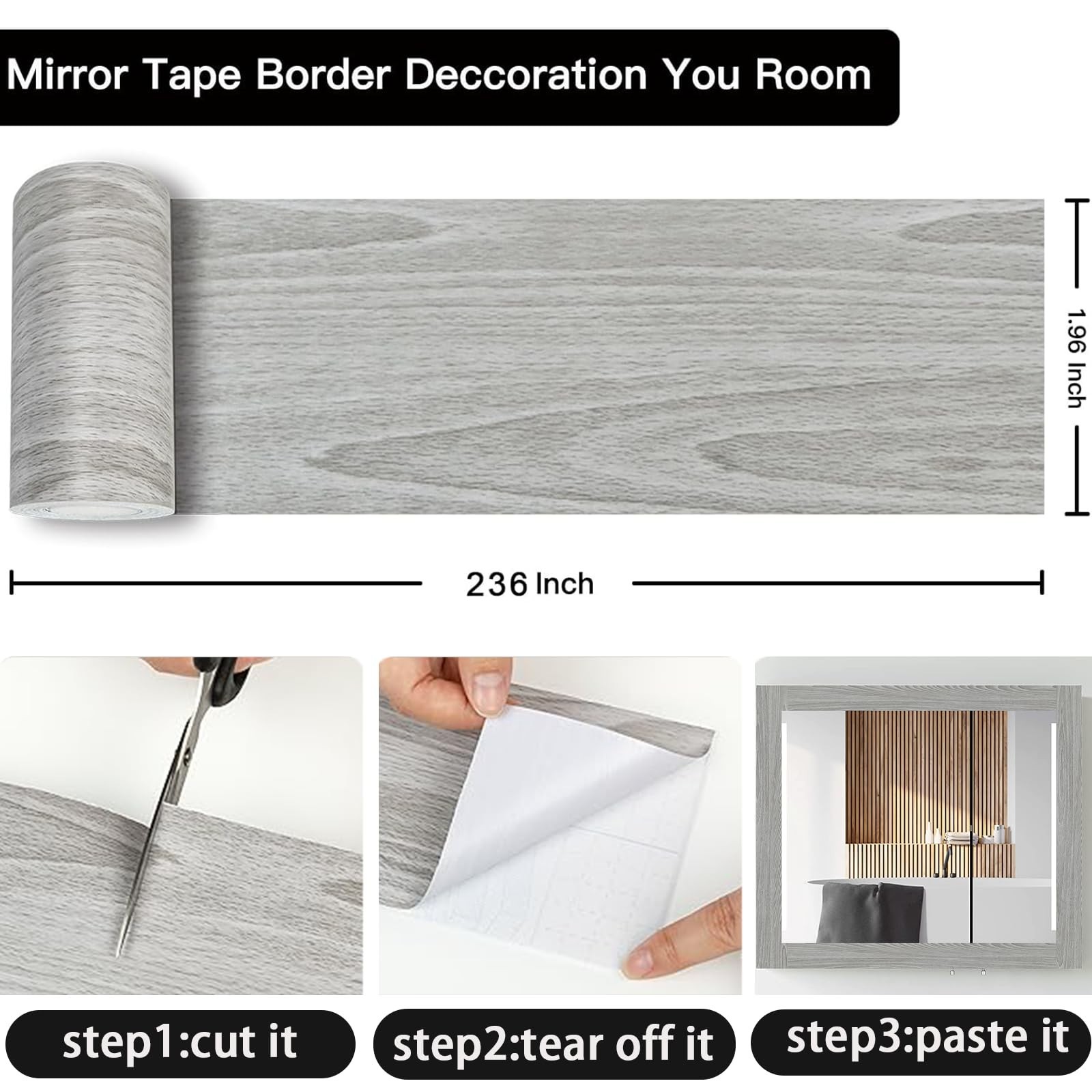 Grey Wood Grain Mirror Border Peel and Stick Wallpaper, Self Adhesive Waterpr…