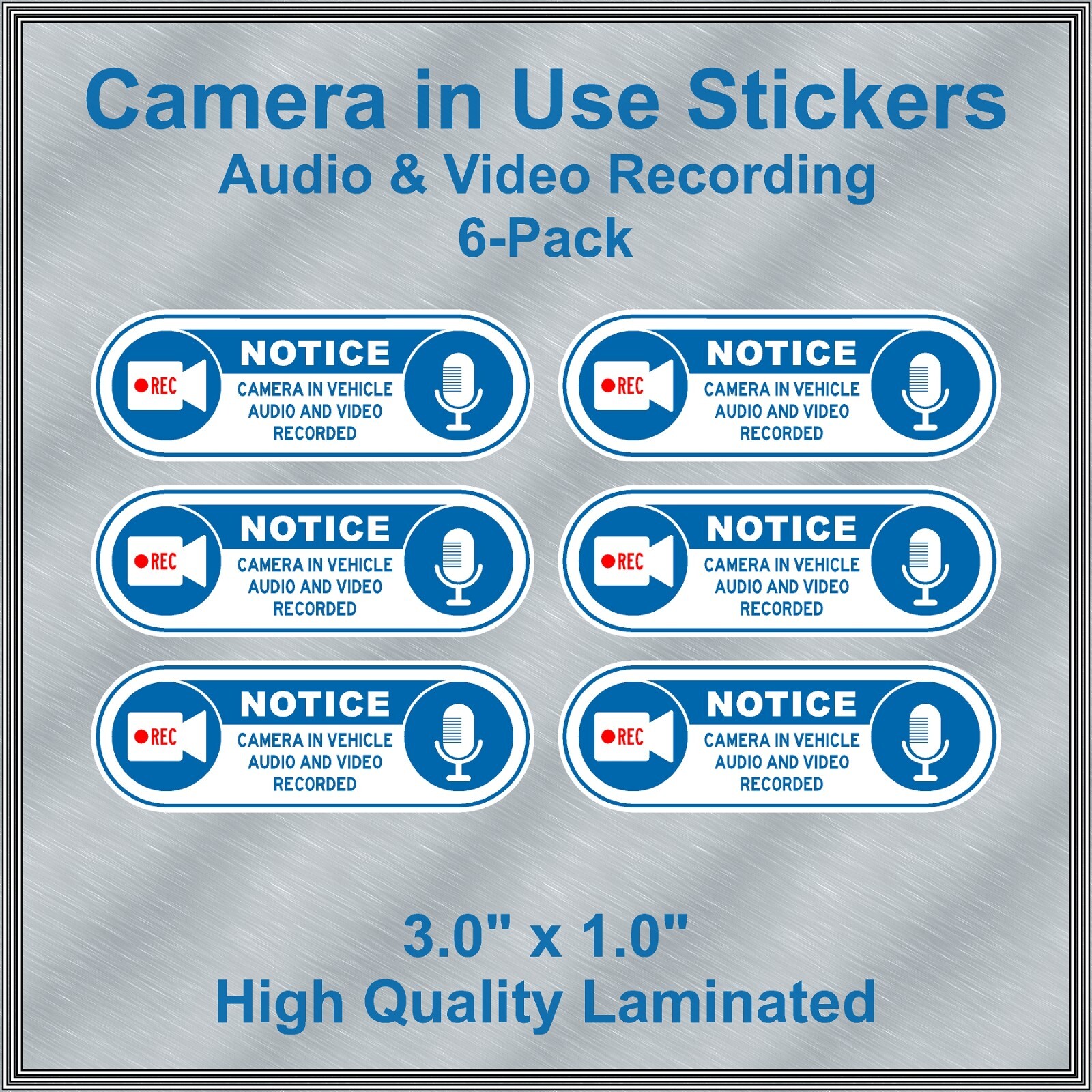 Camera in Car Recording Video 6-Pack Decals White & Blue 3.0" x 1.0" for Uber