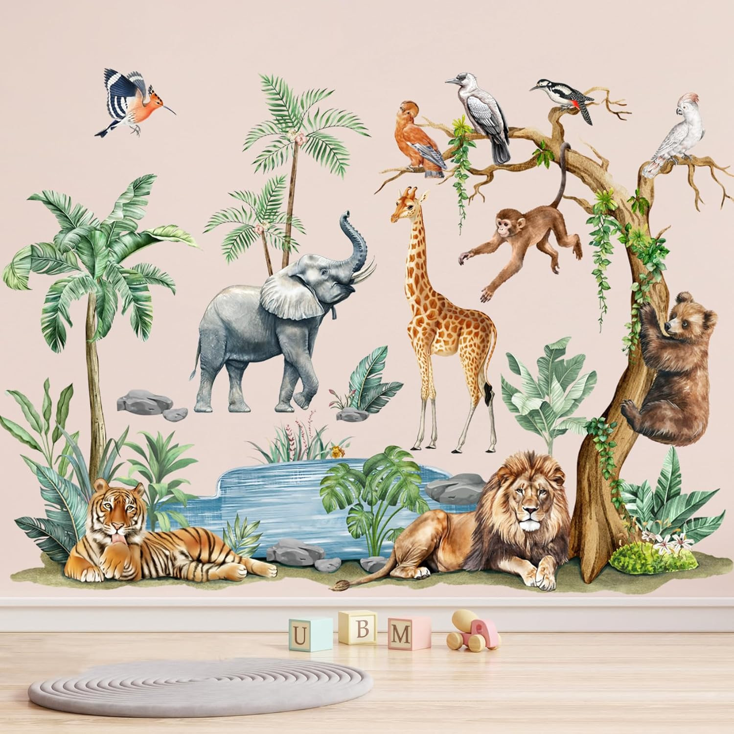 Watercolor Safari Animal Wall Decals – Jungle Tiger Lion Elephant Giraffe Monkey