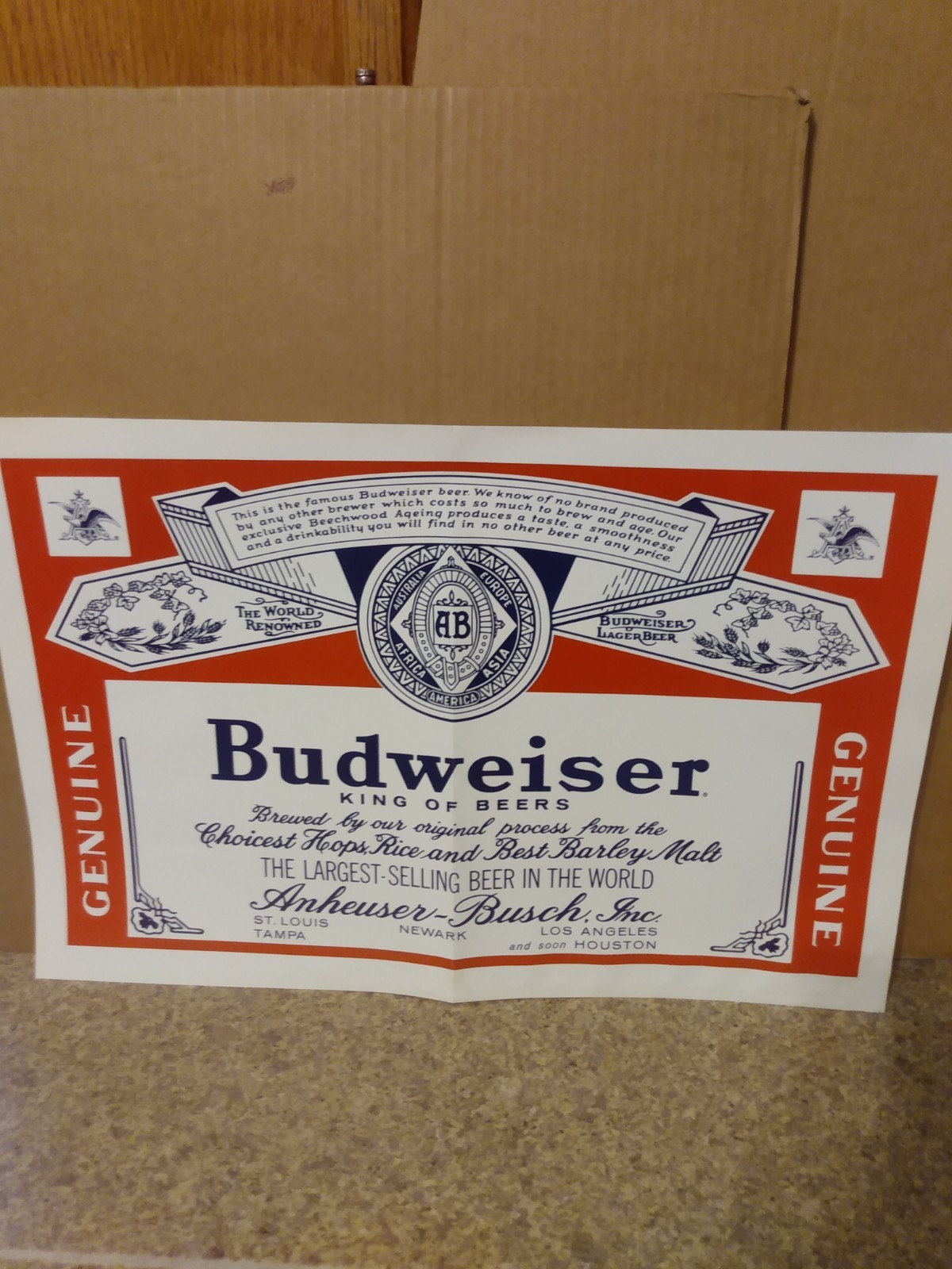 Old Budweiser Large 14 X 21 Poster Just Like Old Beer Bottle Label Not A Sticker