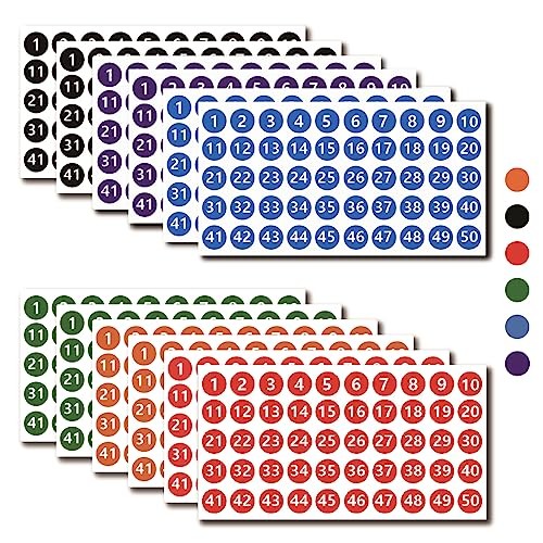 12 Sheets 600 Piece Vinyl Number Stickers – 1 to 50 Consecutive Multi-color