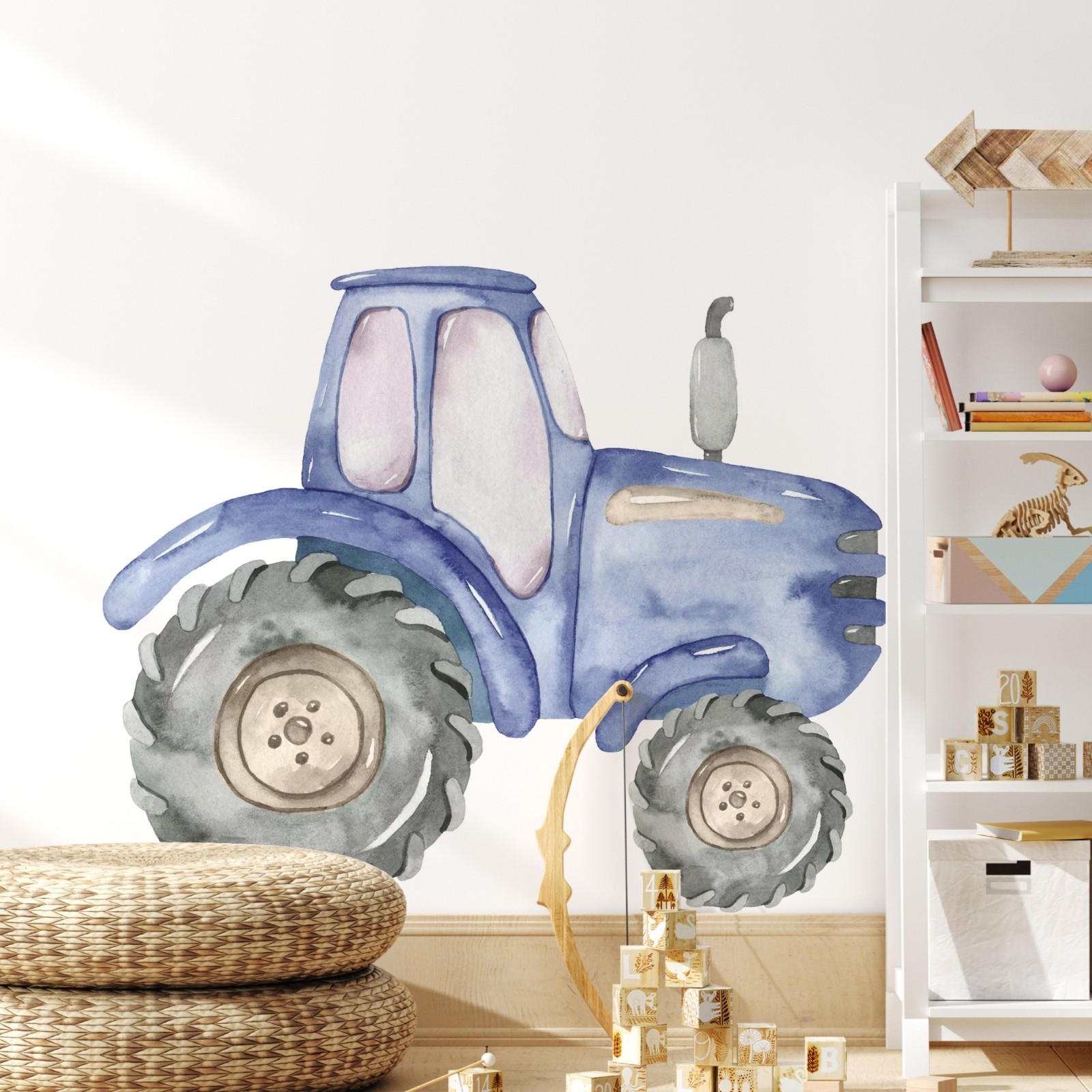 Watercolor Blue Farm Tractor Wall Decal Removable Fabric Vinyl Wall Sticker