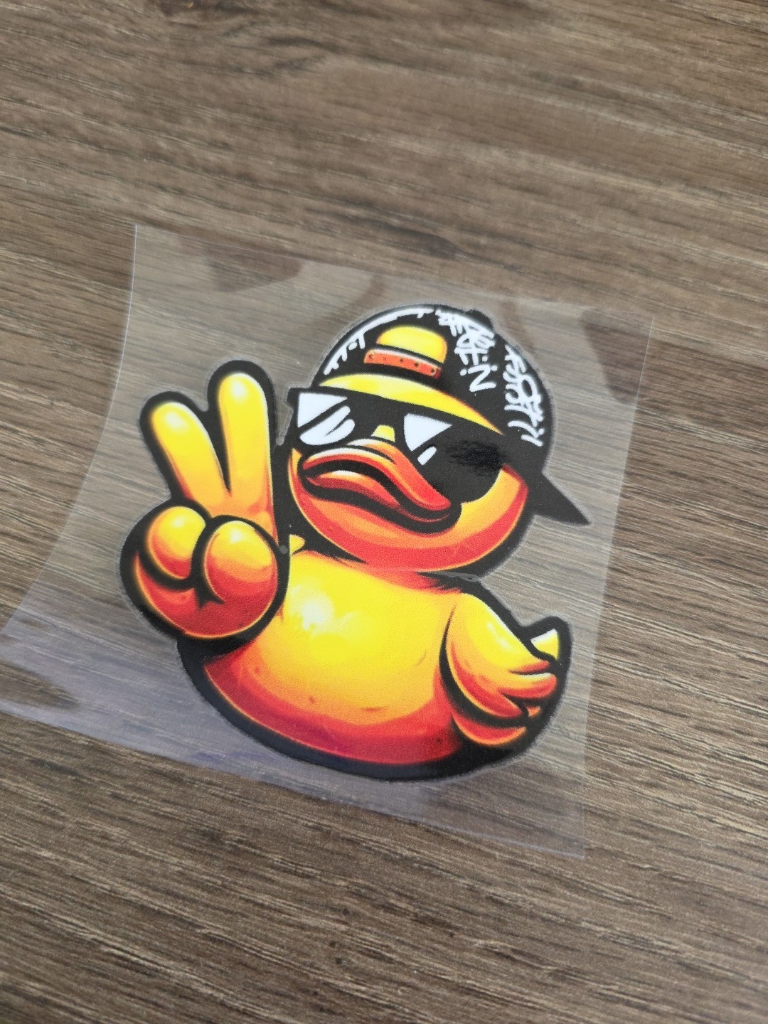 Rubber Duckie Wearing Hat And Peace Sign UV DTF Raised Decal Sticker For Vehicle