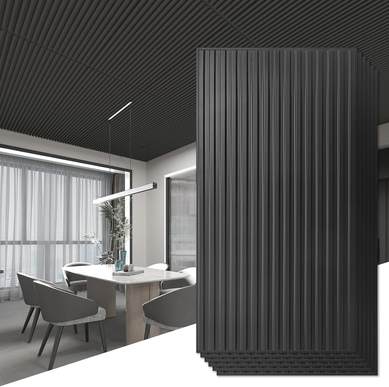 12-Pack Black 3D Slat Design Wall Panels for Stylish Interior Decor