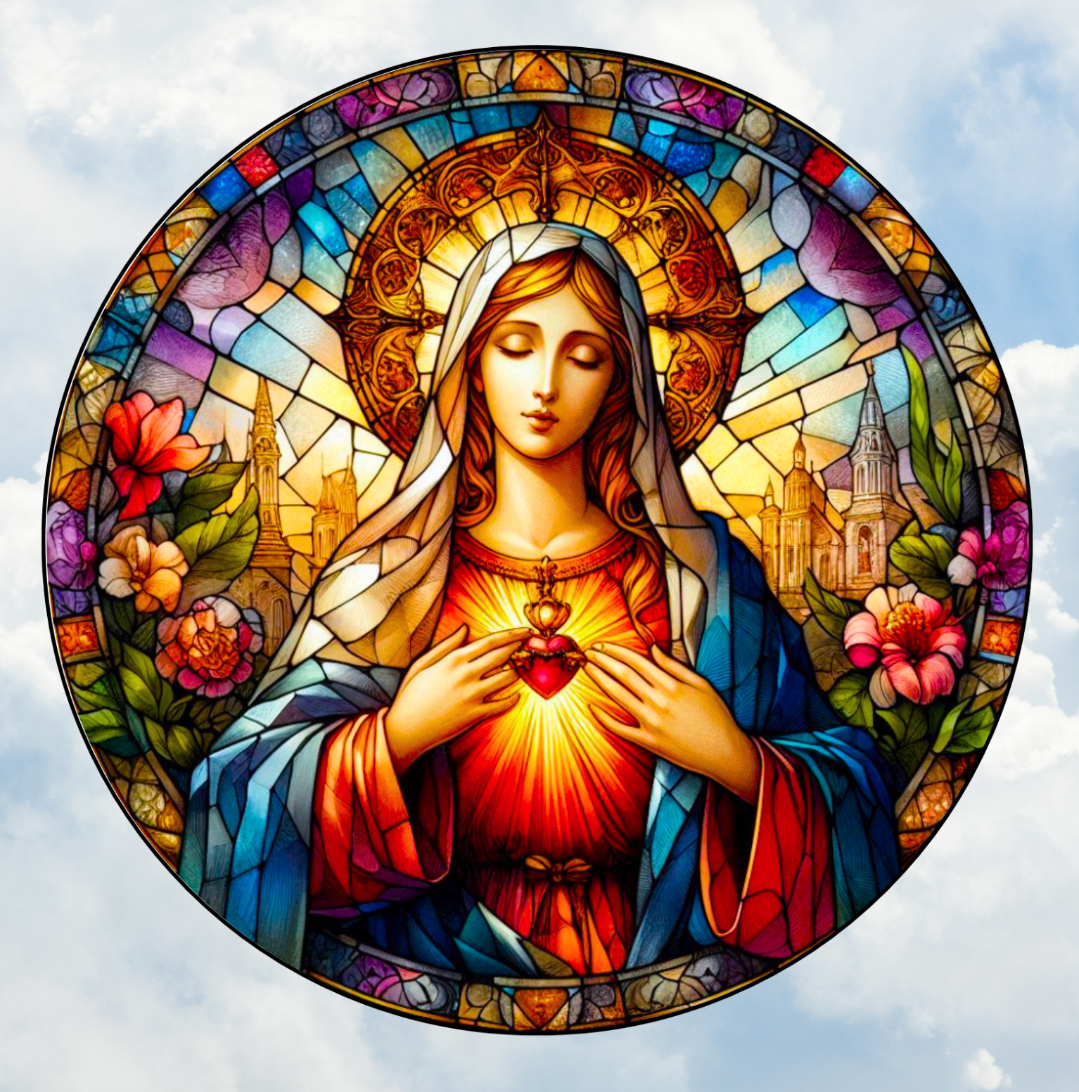 Mary Sacred Heart Faux Stained-Glass WINDOW CLING Sun-catcher Size 8" Vinyl