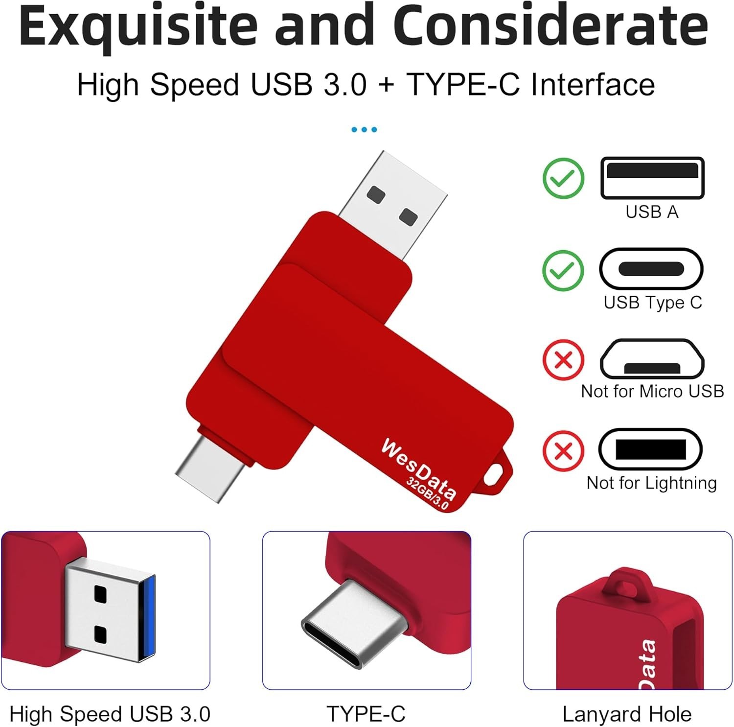 32GB 3.0 USB C Flash Drive with Type C and A Port, C 3.0, Red