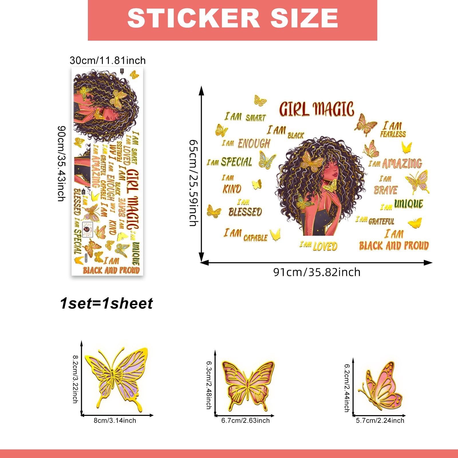 Black Girl and Butterfly Wall Stickers Motivational Quote Wall Decal Gold-Pla…