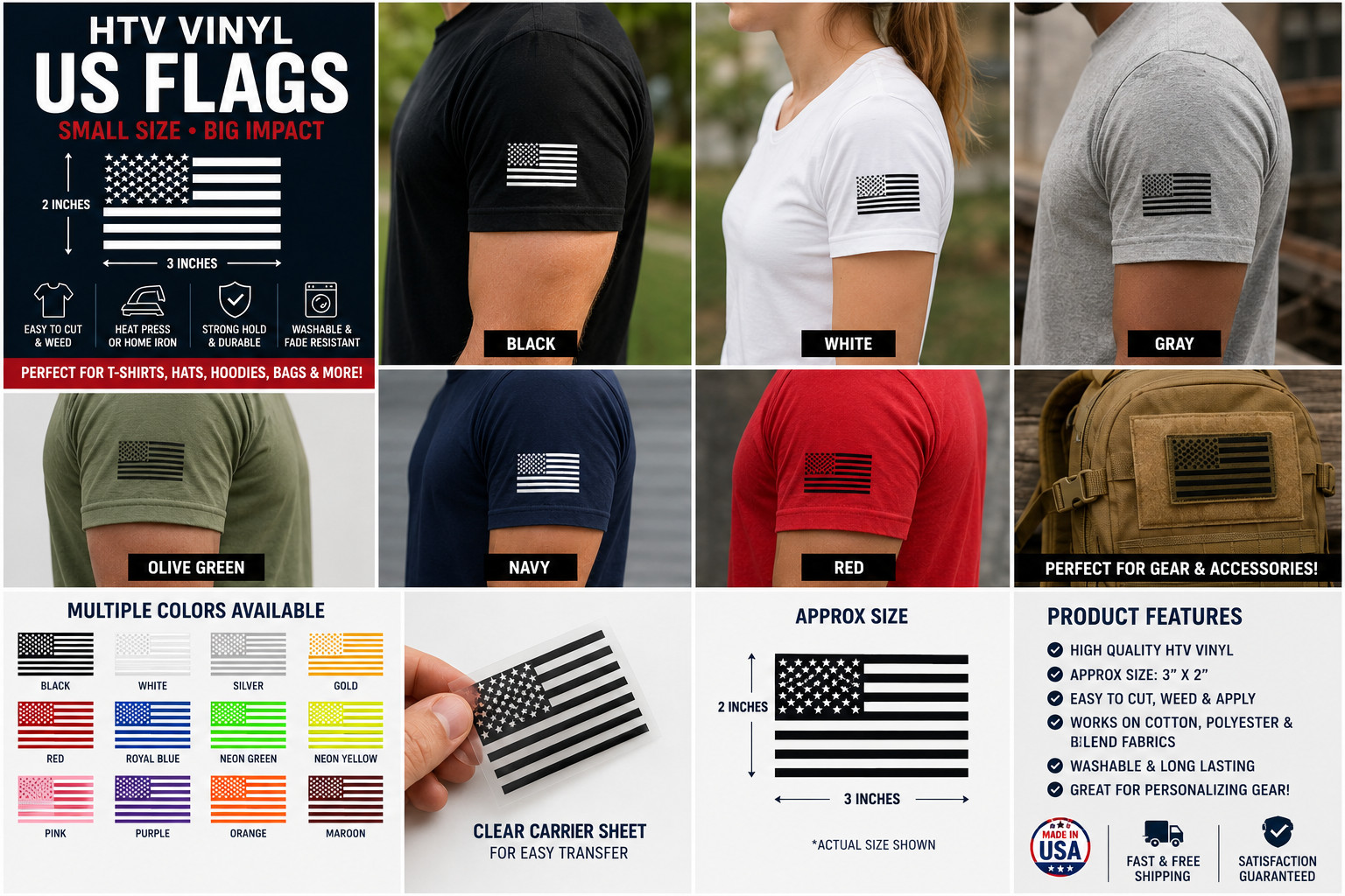 American Flag HTV Vinyl Decal 3×2 Iron On Heat Transfer Shirt Hat Heat Press USA