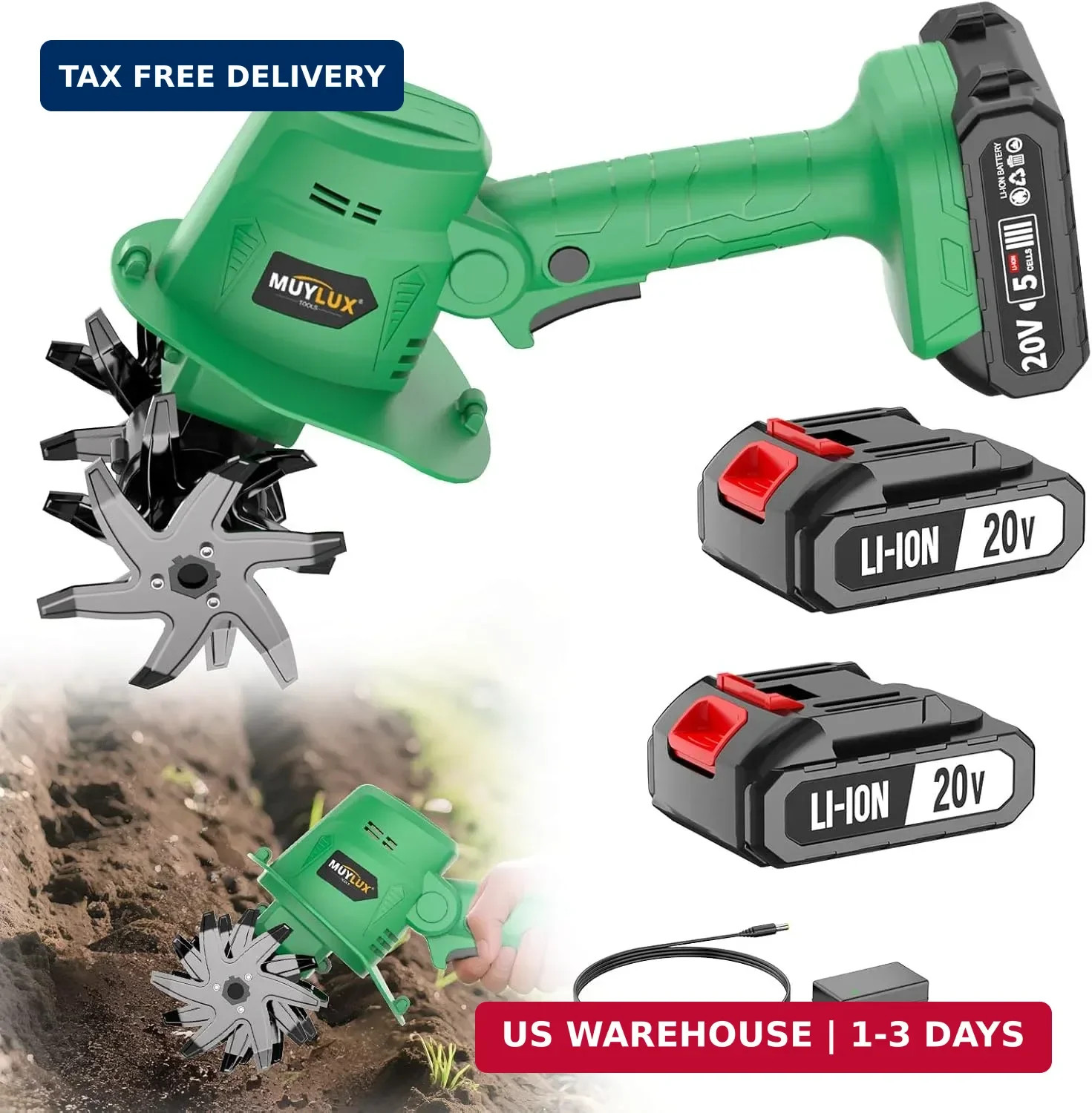 20V Cordless Tiller Cultivator 2x 2.0Ah Batteries Electric Garden Rototiller Kit