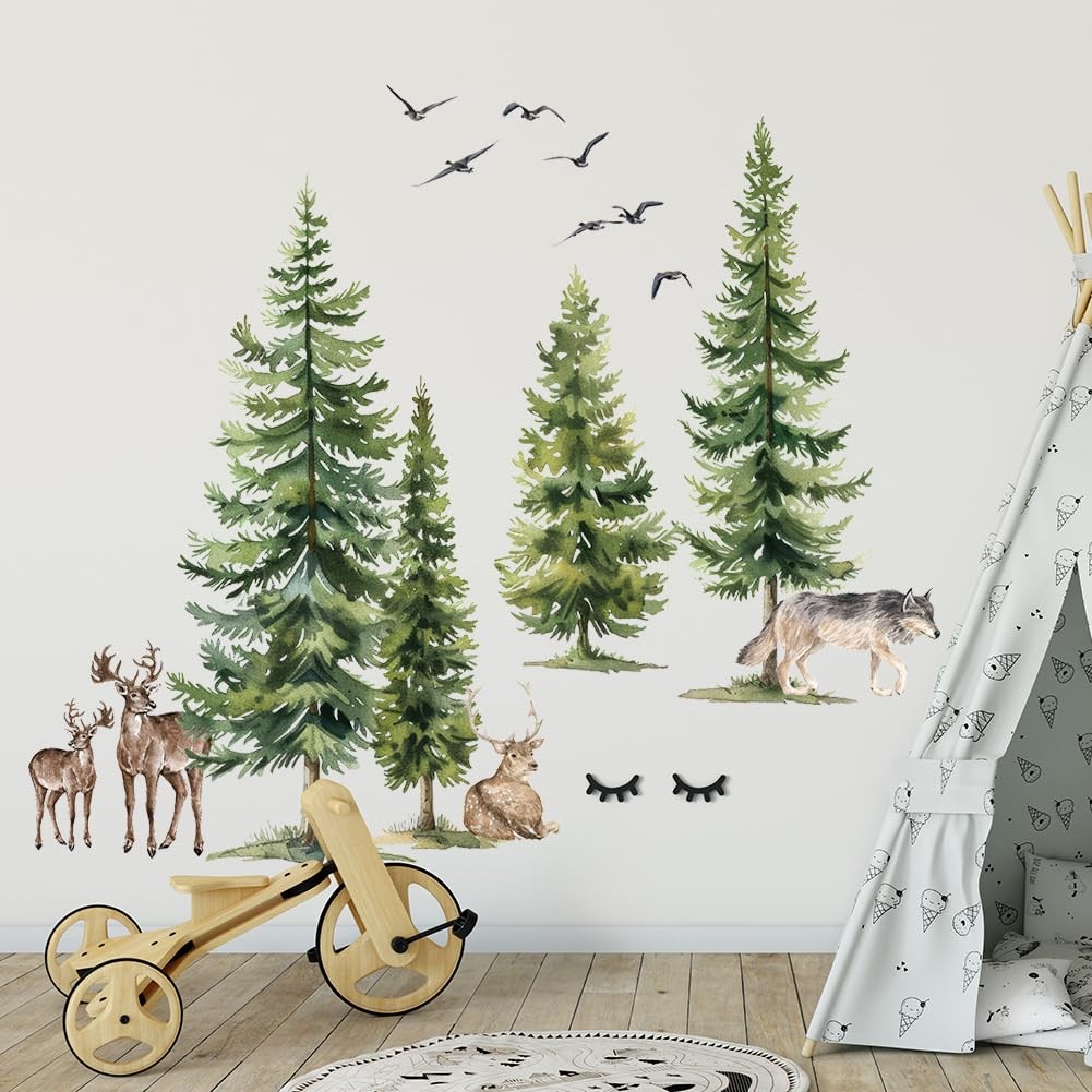 Green Pine Tree Wall Sticker Woodland Animals Wall Decal Peel and Stick Fores…