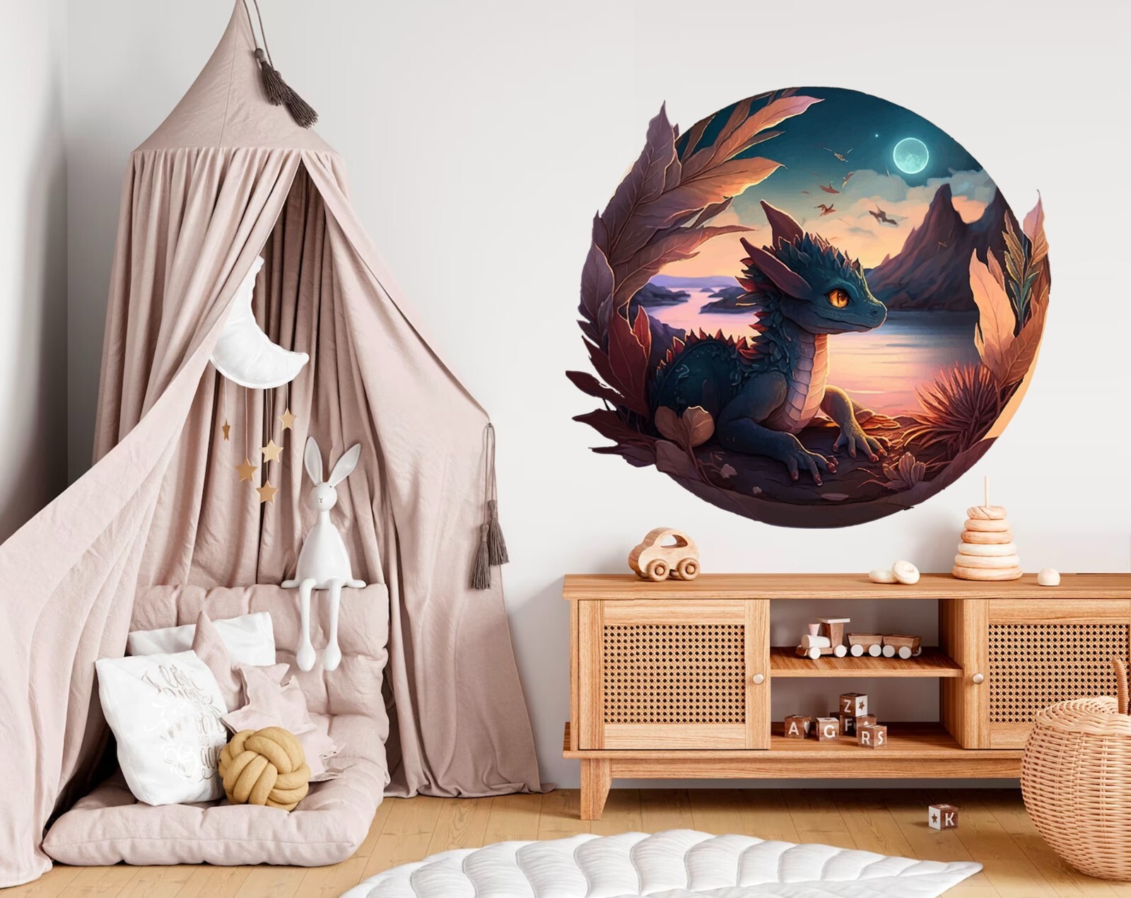Baby Fairytale Dragon Moon Night Sky Dinosaur nursery wall decal sticker