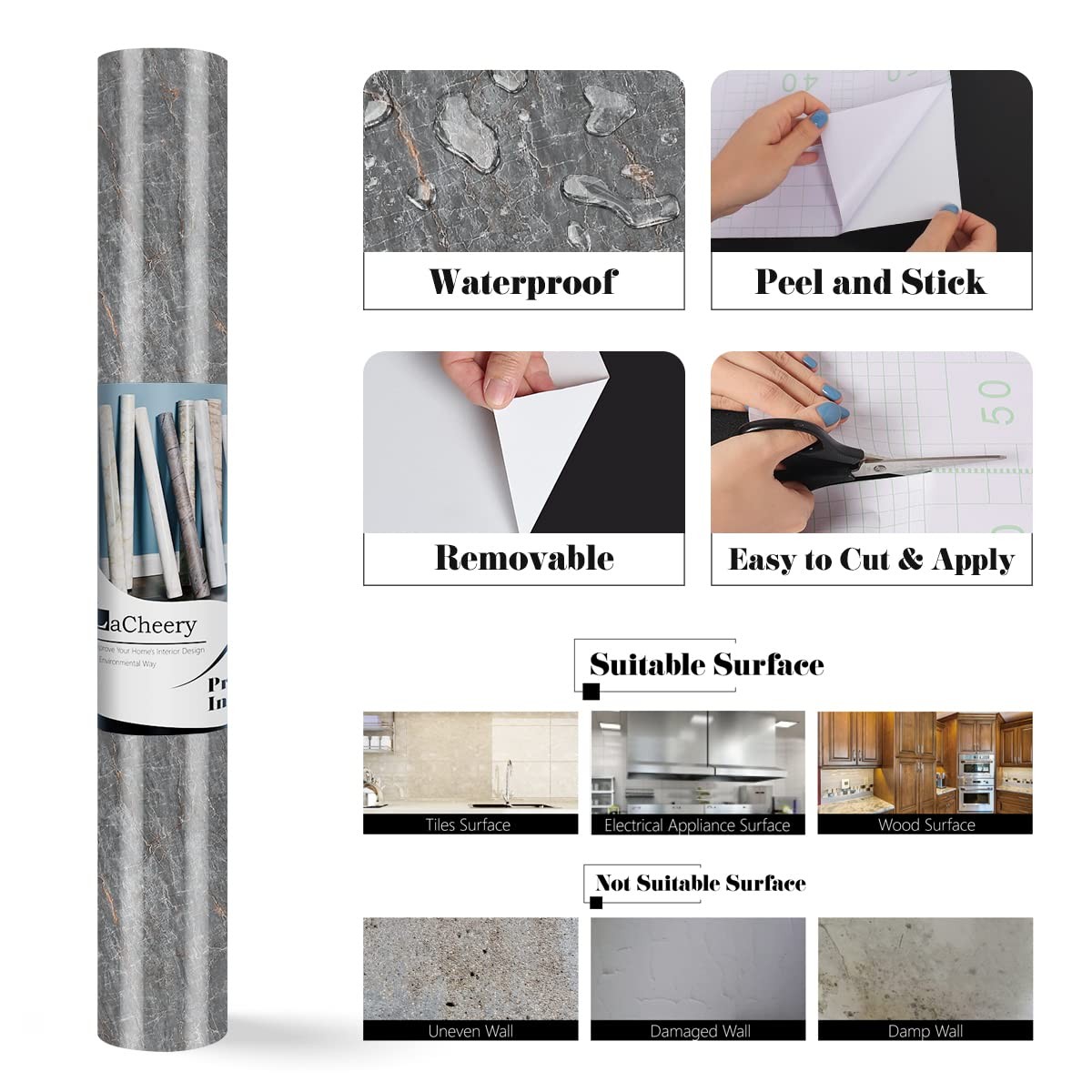 160 x 24 Inch Dark Grey Marble Paper Peel and Stick Countertops Waterproof Ma…