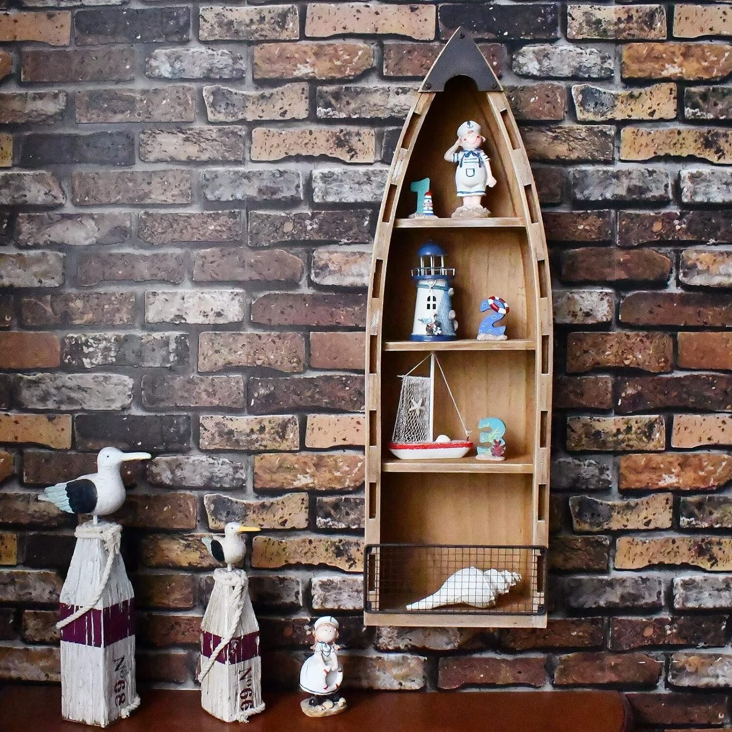 Solid Wood Boat Shelf Decorative Nautical Wall Decor Bookcase Large Wooden 4-Tie