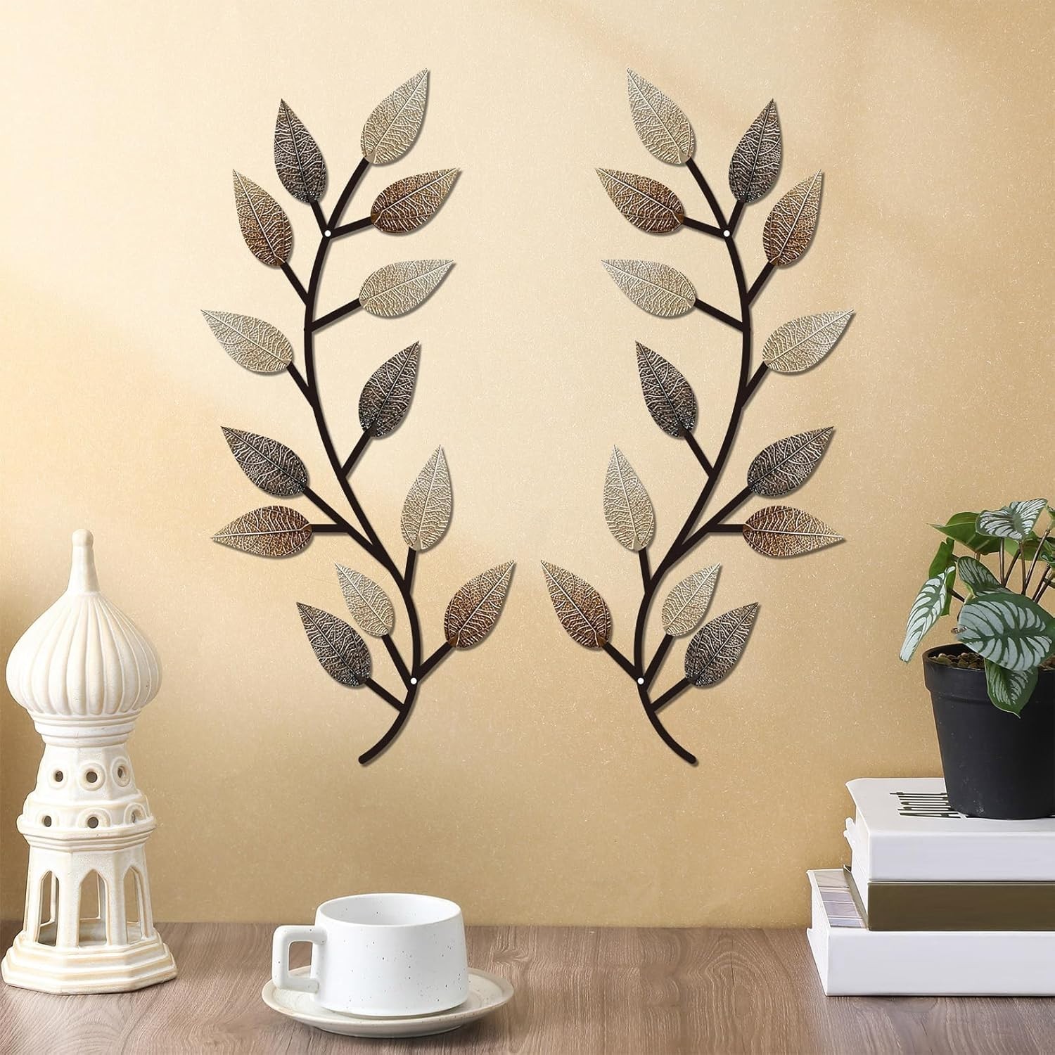 Modern Symmetrical Leaf Wall Art in Vintage Brown – Indoor and Outdoor Perfect