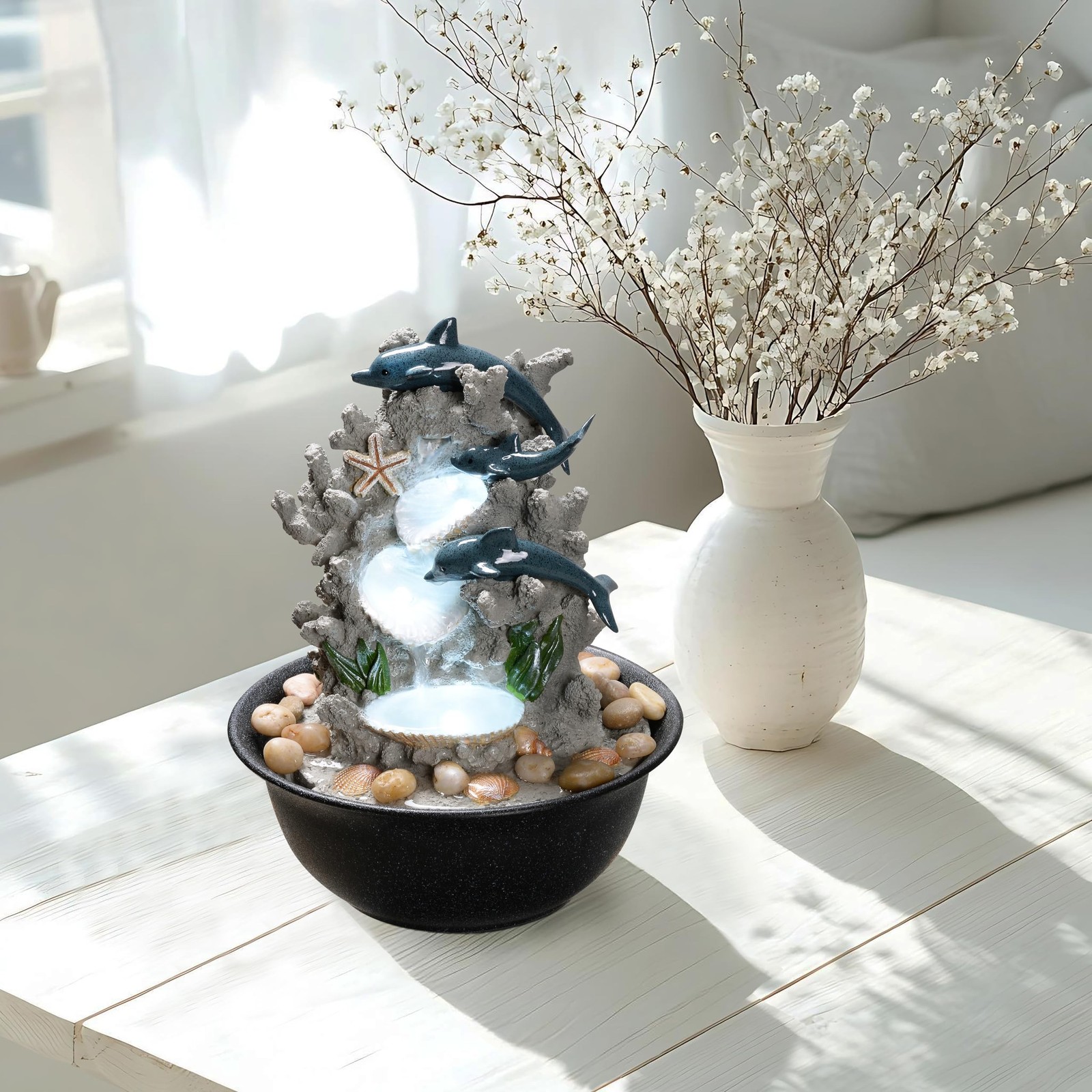 Indoor Tabletop Dolphin Water Fountain with LED Light – Ocean Theme Desk D