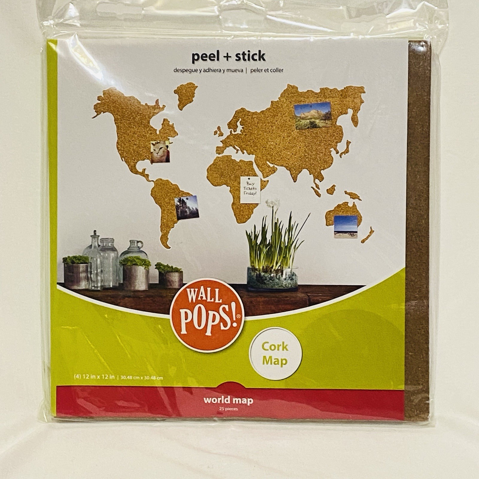 Wall Pops! Cork World Map Pinboard Peel & Stick Push Pin Class Room Office Dorm