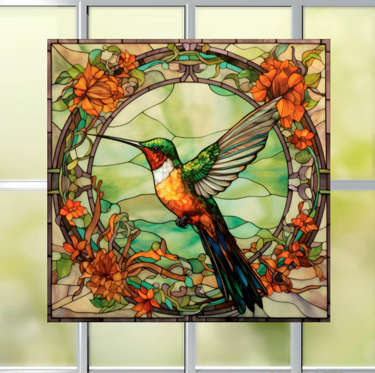 Hummingbird Faux Stained Glass WINDOW CLING Size 8" Vinyl Window Decoration