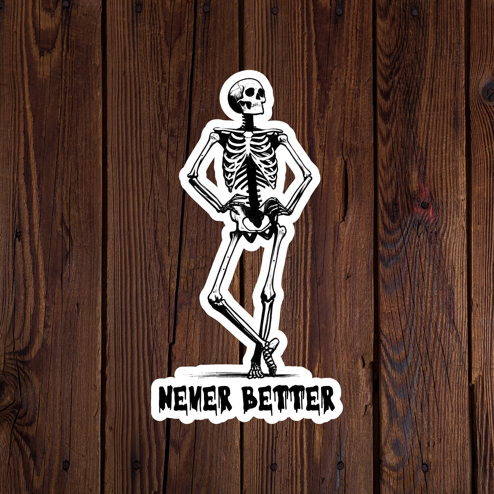 Skeleton sticker vinyl decal never better funny dark humor black laptop mug