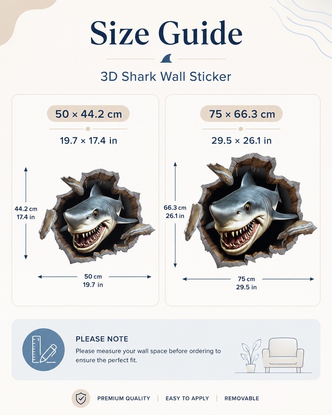3D Shark Wall Decal – Realistic Breaking Through Wall Sticker for Kids Bedroom D