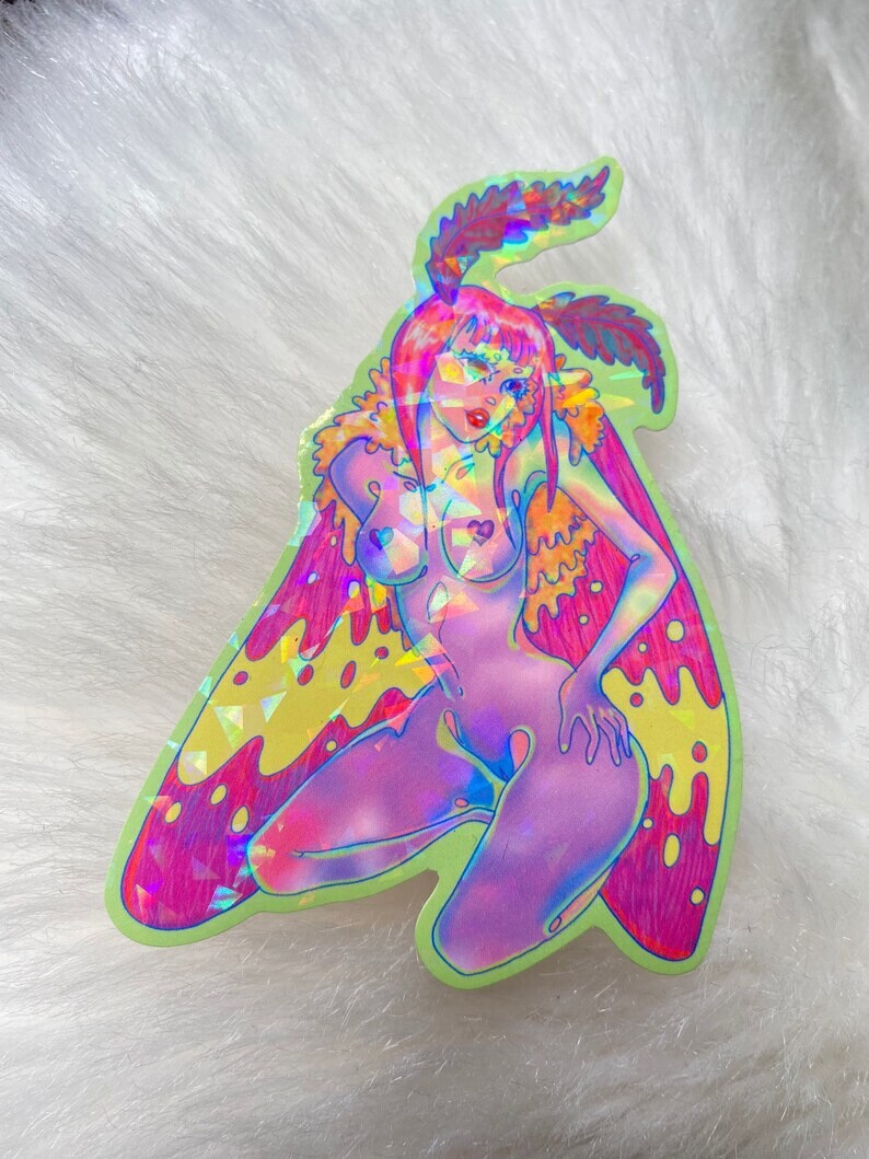 Rosy Maple Moth Fairy Holographic Sticker 4” X 2.75”