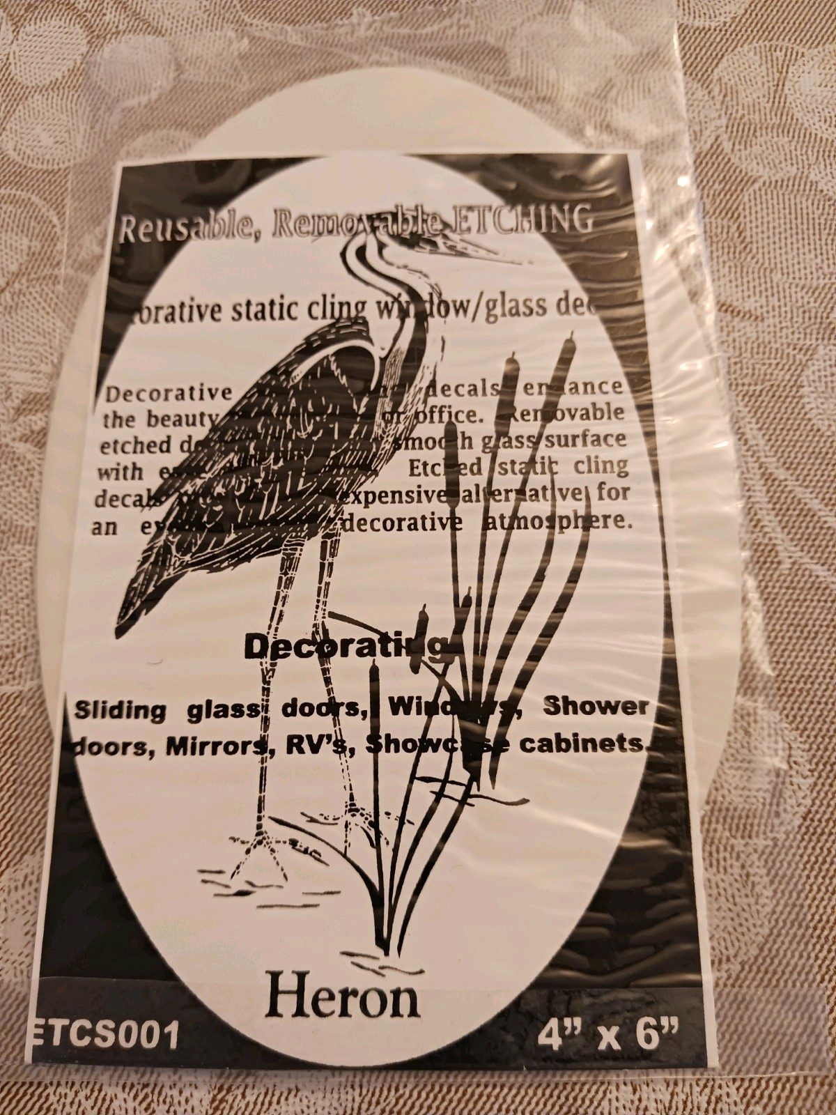 Heron Left Window Decal 8 X 12 OVAL Etched Glass Look Cling Removable&Reusable 1
