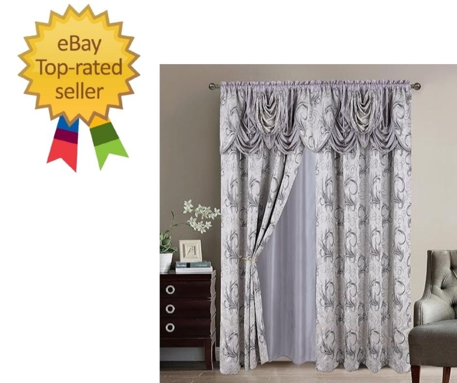 Jacquard Luxury 2 Curtain Panel Set with Attached Valance and Backing Bedroom…